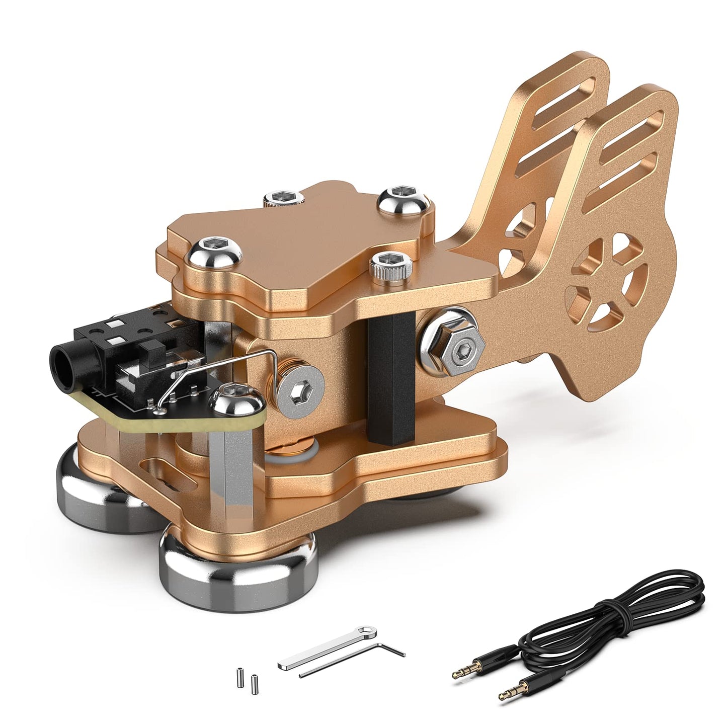 This is a rose CW Keyer Double Paddle Morse Key Mini Versatile for radio enthusiasts, camping, or indoor use. The weight is 0.24 pounds (106 grams). Constructed from Aluminum alloy for durability and rust resistance. Features magnetic base for easy fixation on iron surfaces. Customize Dit & DAH paddle distance for personalized experience. Equipped with left and right switches for convenient operation. Includes 5.5mm wrench and 1.5mm hex key.