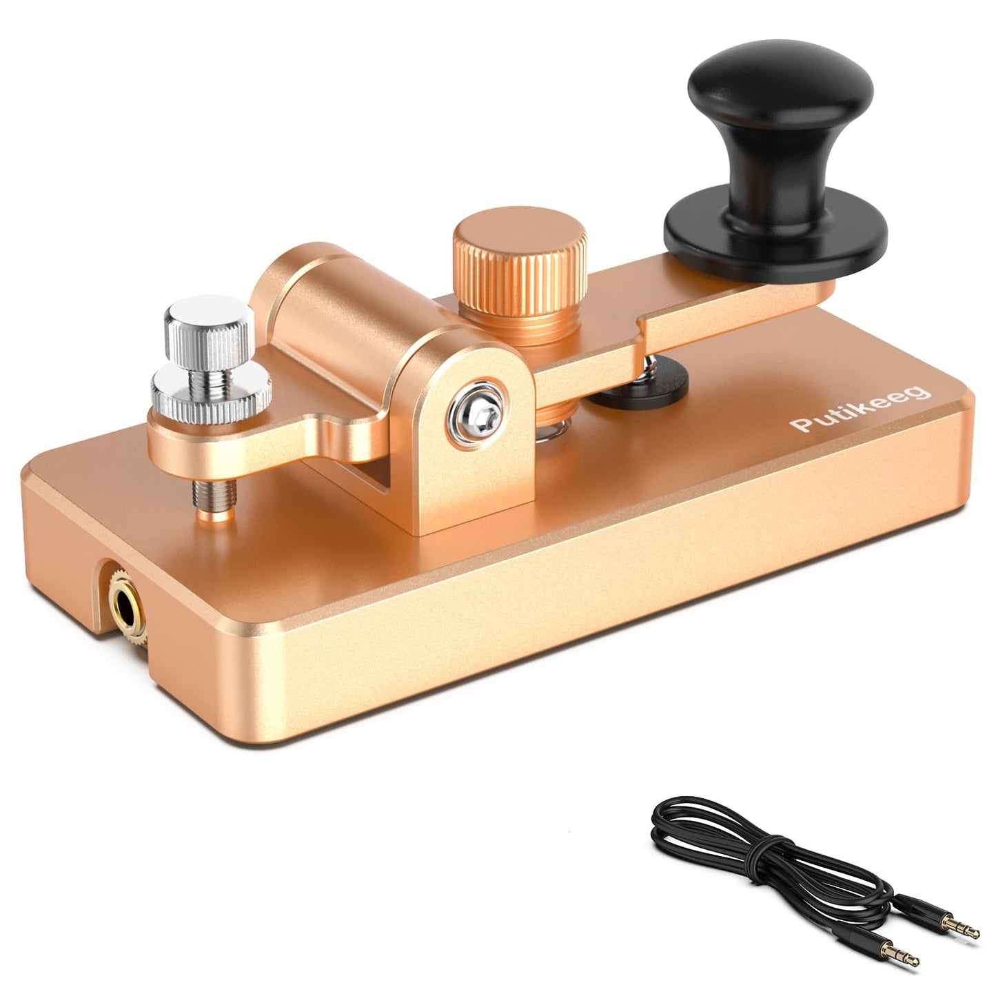 This is the a gold Straight Key Morse ;Powerful magnetic return force with dual magnetic circuit. Made of high-quality 6061T6 aluminum alloy for corrosion resistance. Features NMB Japan imported bearings and stainless steel screws.