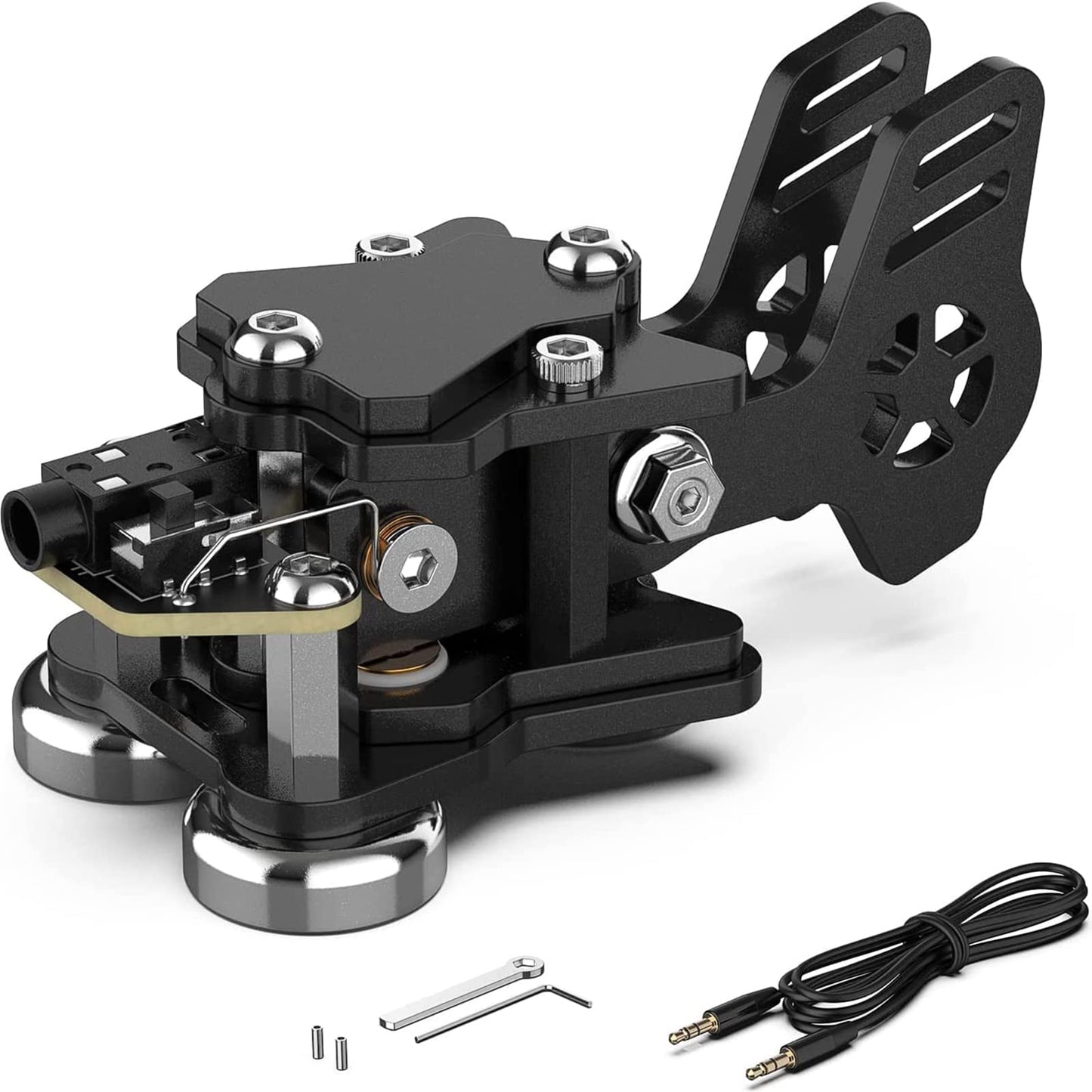 This is a black CW Keyer Double Paddle Morse Key Mini Versatile for radio enthusiasts, camping, or indoor use. The weight is 0.24 pounds (106 grams). Constructed from Aluminum alloy for durability and rust resistance. Features magnetic base for easy fixation on iron surfaces. Customize Dit & DAH paddle distance for personalized experience. Equipped with left and right switches for convenient operation. Includes 5.5mm wrench and 1.5mm hex key.