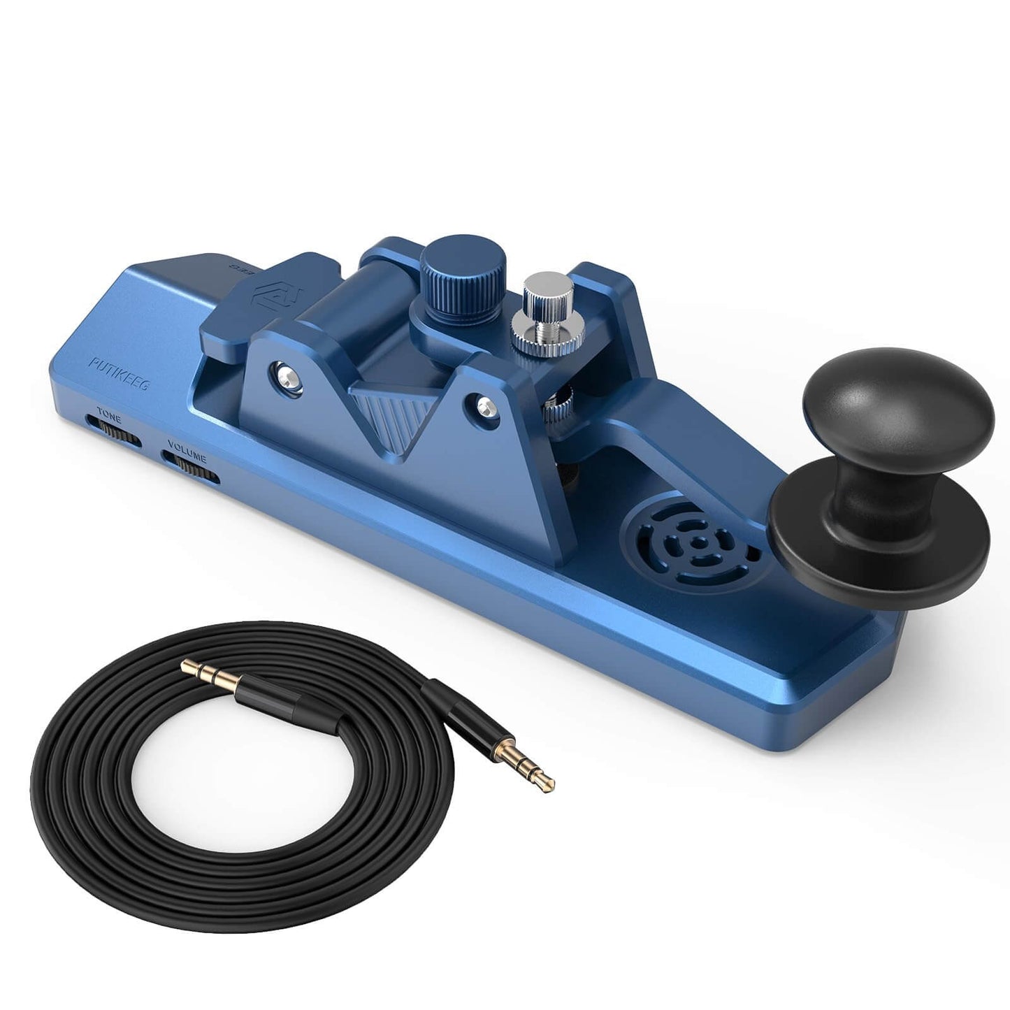 This is a blue CW Keyer Automatic Morse with speakers Benefit from an added speaker for sound exercises, while enjoying comfortable rebound feedback and stability with 4 silicone foot pads. Crafted from high-quality 6061T6 aluminum alloy for corrosion resistance, equipped with NMB Japan bearings and 304 stainless steel screws for durability.