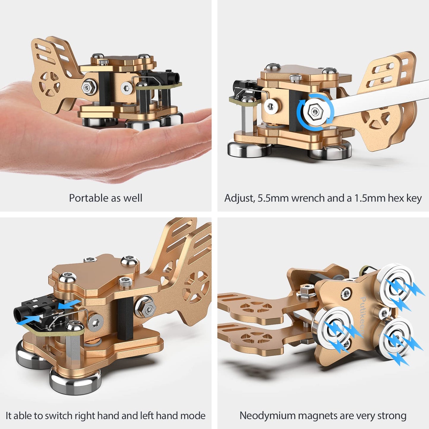 This is a rose CW Keyer Double Paddle Morse Key Mini Versatile for radio enthusiasts, camping, or indoor use. The weight is 0.24 pounds (106 grams). Constructed from Aluminum alloy for durability and rust resistance. Features magnetic base for easy fixation on iron surfaces. Customize Dit & DAH paddle distance for personalized experience. Equipped with left and right switches for convenient operation. Includes 5.5mm wrench and 1.5mm hex key.