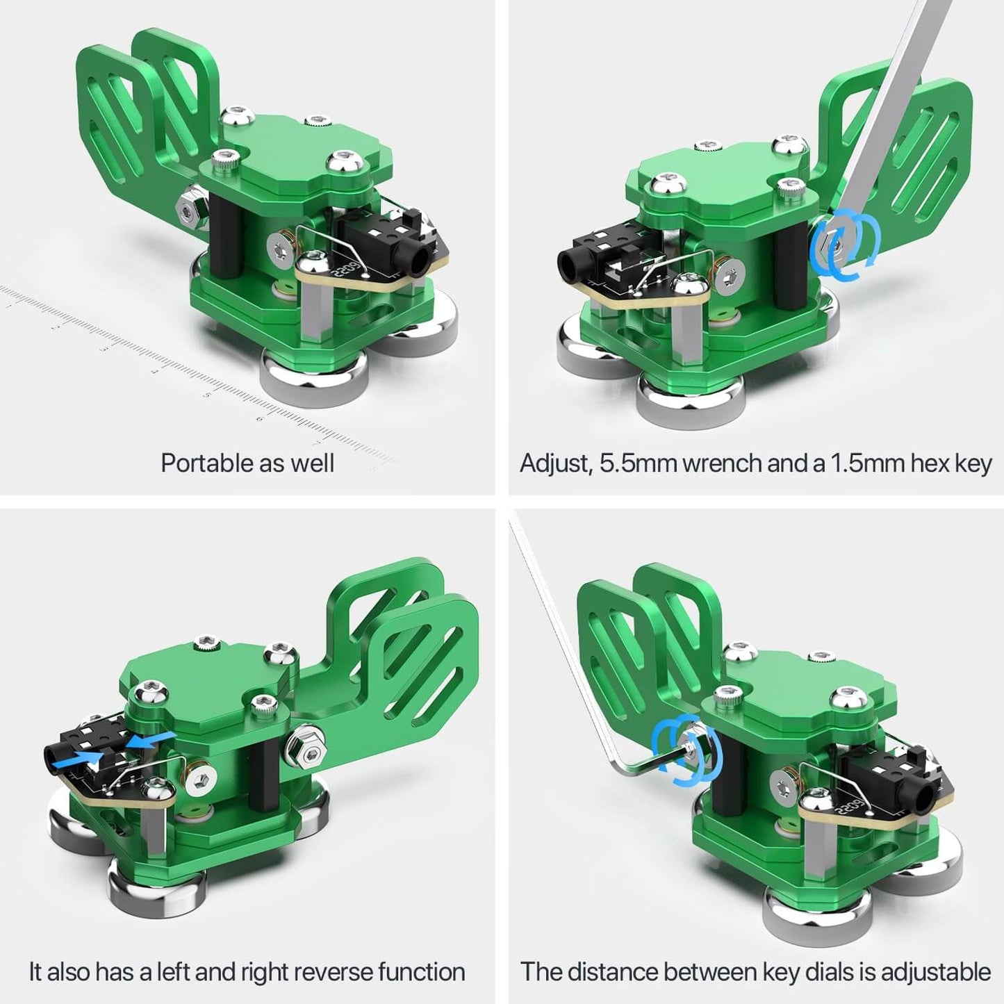 This is green one CW Keyer Automatic Morse Mini Crafted from aluminum, with magnetic paddle for comfortable use. Weighs 0.24LB (106g).perfect for outdoor use. Customize Dit & Dah Paddle Distance for personalized comfort. Features left and right-hand switches for versatile operation. Includes 3.5mm Standard Stereo Receptacle for easy hookup.