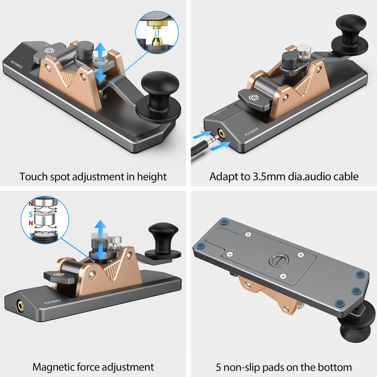 CW Keyer Automatic Morse Key-Straight, equipped with customizable feedback and an adjustable spindle rod. Built tough with silicone foot pads for stability, crafted from resilient 6061T6 aluminum alloy. Features NMB Japan bearings and 304 stainless steel screws for durability.