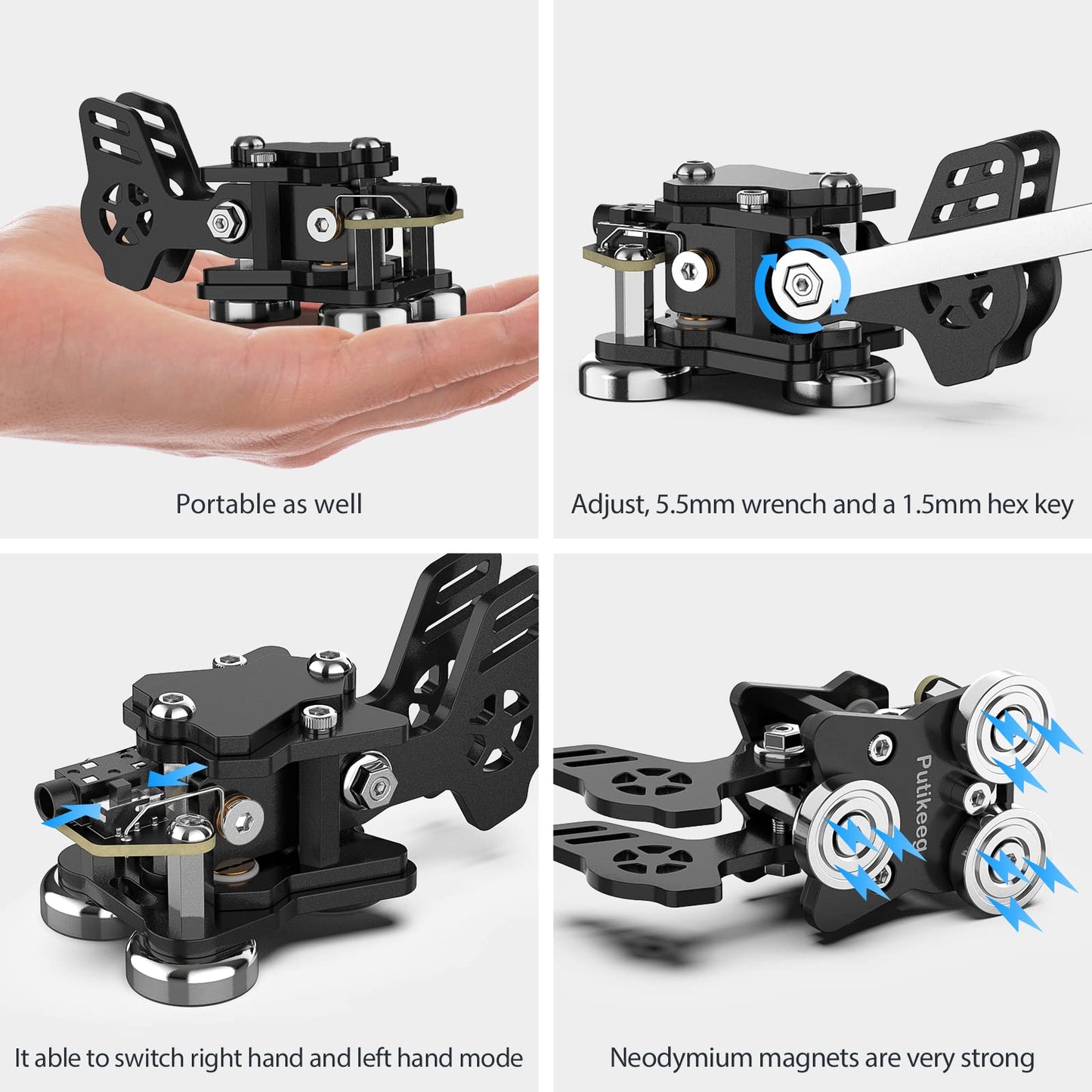 This is a black CW Keyer Double Paddle Morse Key Mini Versatile for radio enthusiasts, camping, or indoor use. The weight is 0.24 pounds (106 grams). Constructed from Aluminum alloy for durability and rust resistance. Features magnetic base for easy fixation on iron surfaces. Customize Dit & DAH paddle distance for personalized experience. Equipped with left and right switches for convenient operation. Includes 5.5mm wrench and 1.5mm hex key.