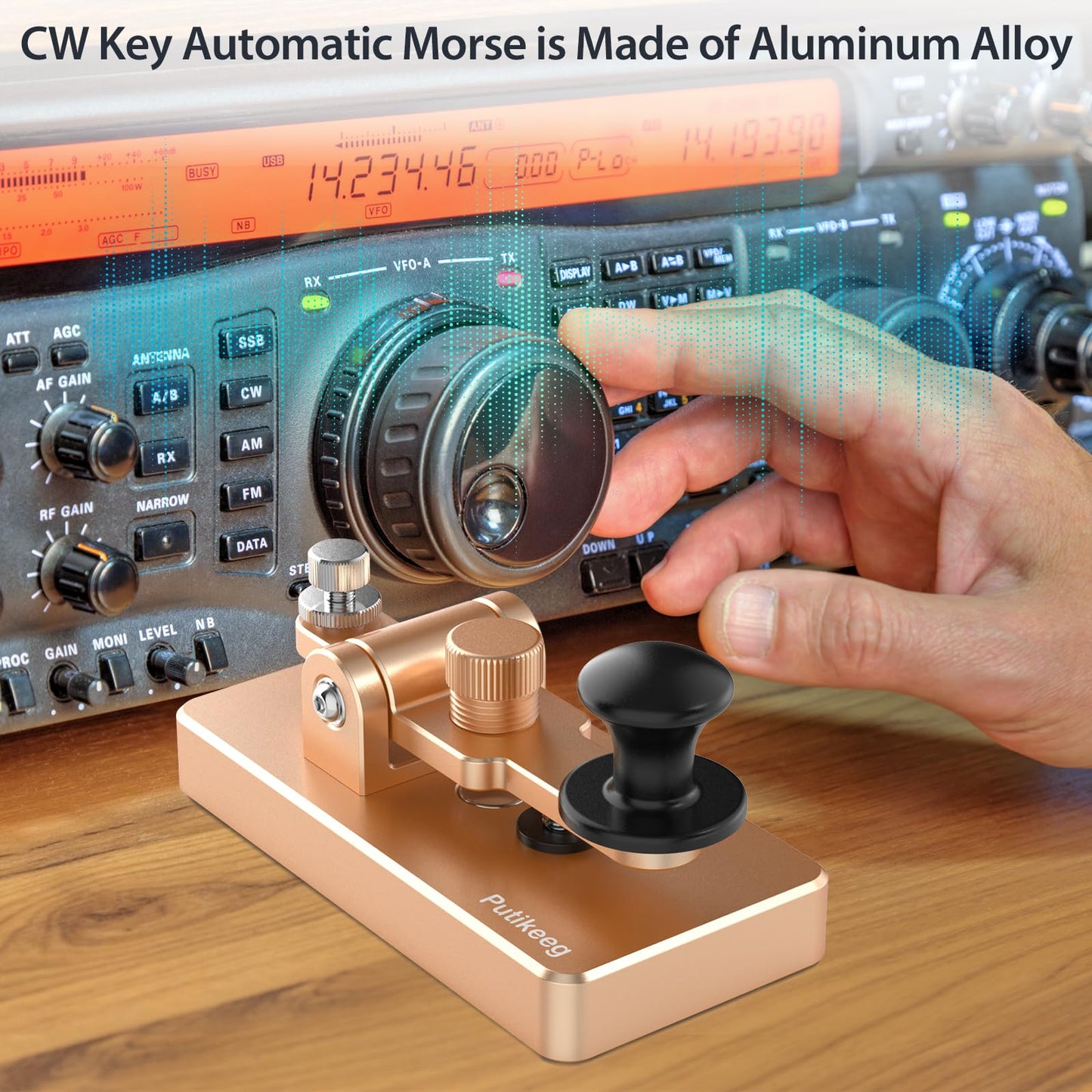 This is the a gold Straight Key Morse ;Powerful magnetic return force with dual magnetic circuit. Made of high-quality 6061T6 aluminum alloy for corrosion resistance. Features NMB Japan imported bearings and stainless steel screws.