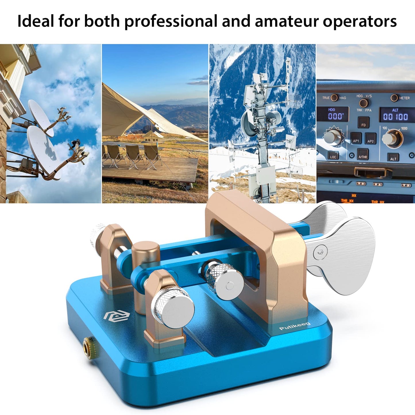This is a blue CW Keyer Automatic Double Paddle Constructed from durable 6061T6 aluminum alloy, it features four professional-grade bearings and a magnetic return force for precise and comfortable operation. The compact design includes a base with four magnetic magnets for secure attachment to metal surfaces, ensuring stable operation even in outdoor settings. Adjustable paddle distance allows for customization, while a 3.5mm standard stereo jack enables compatibility with various short-wave radios