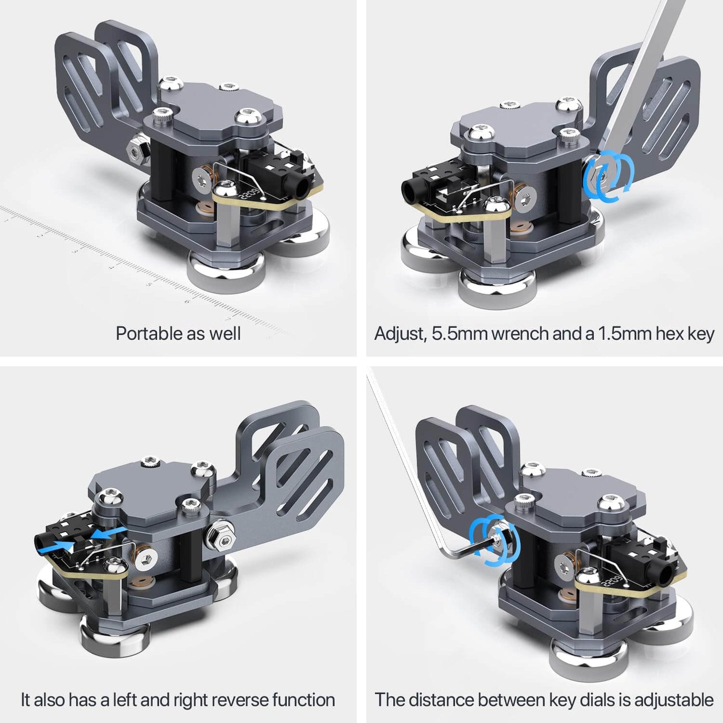 This is grey one CW Keyer Automatic Morse Mini Crafted from aluminum, with magnetic paddle for comfortable use. Weighs 0.24LB (106g).perfect for outdoor use. Customize Dit & Dah Paddle Distance for personalized comfort. Features left and right-hand switches for versatile operation. Includes 3.5mm Standard Stereo Receptacle for easy hookup.