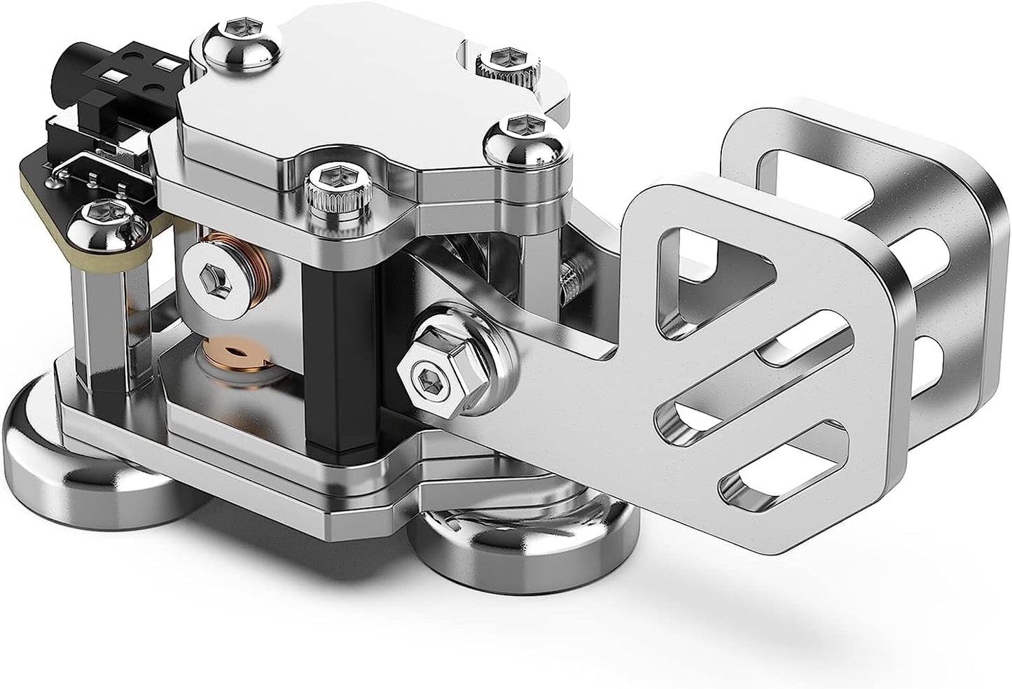 This is a silver-colored our CW Morse Keys Automatic Double Paddle Mini Crafted from stainless steel with magnetic paddle. Weighs 0.24LB (106g). Equipped with three neodymium magnets for secure attachment, perfect for outdoor use. Customize Dit & Dah Paddle Distance for personalized comfort. Features left and right-hand switches for versatile operation. Includes 3.5mm Standard Stereo Receptacle for easy hookup.
