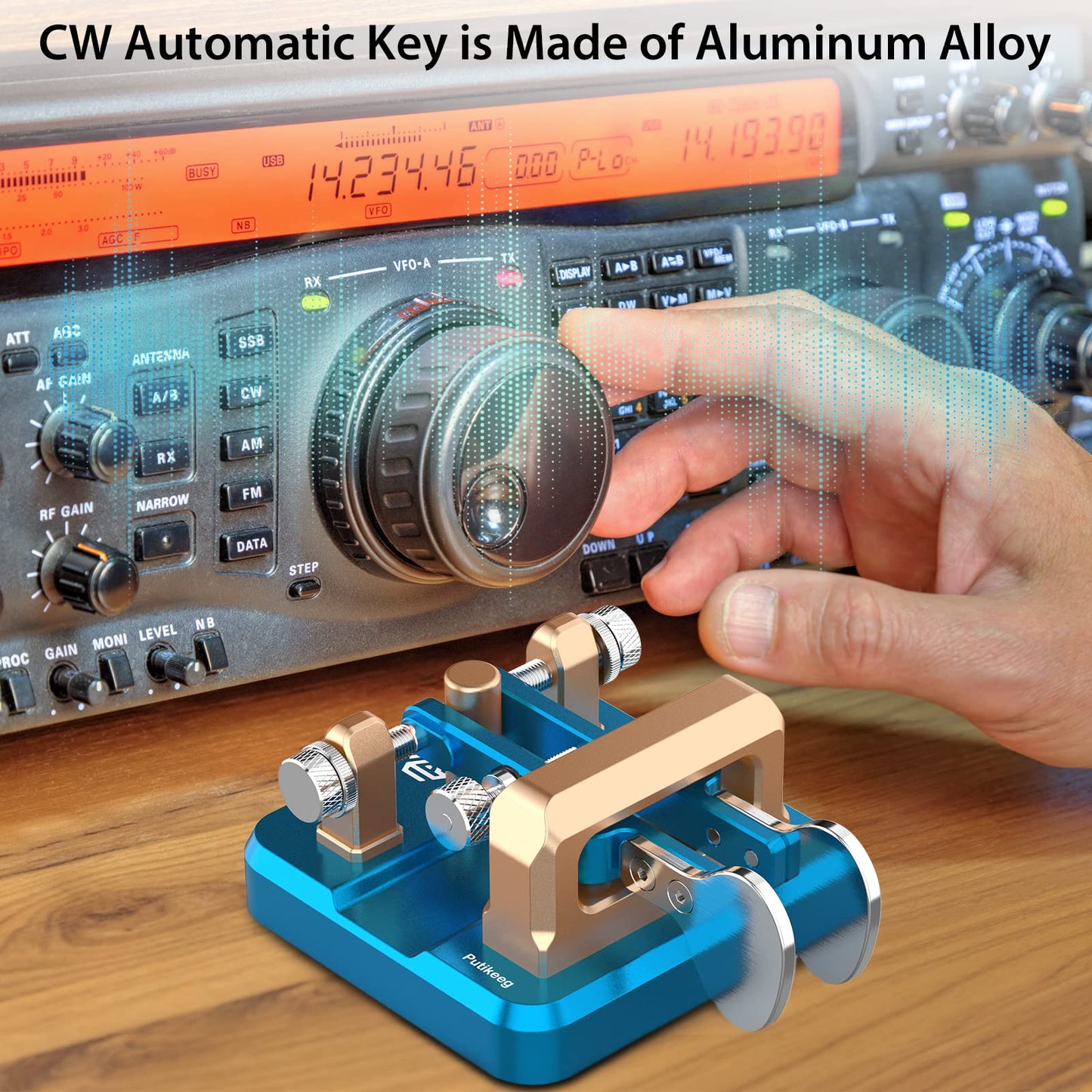 This is a blue CW Keyer Automatic Double Paddle Constructed from durable 6061T6 aluminum alloy, it features four professional-grade bearings and a magnetic return force for precise and comfortable operation. The compact design includes a base with four magnetic magnets for secure attachment to metal surfaces, ensuring stable operation even in outdoor settings. Adjustable paddle distance allows for customization, while a 3.5mm standard stereo jack enables compatibility with various short-wave radios