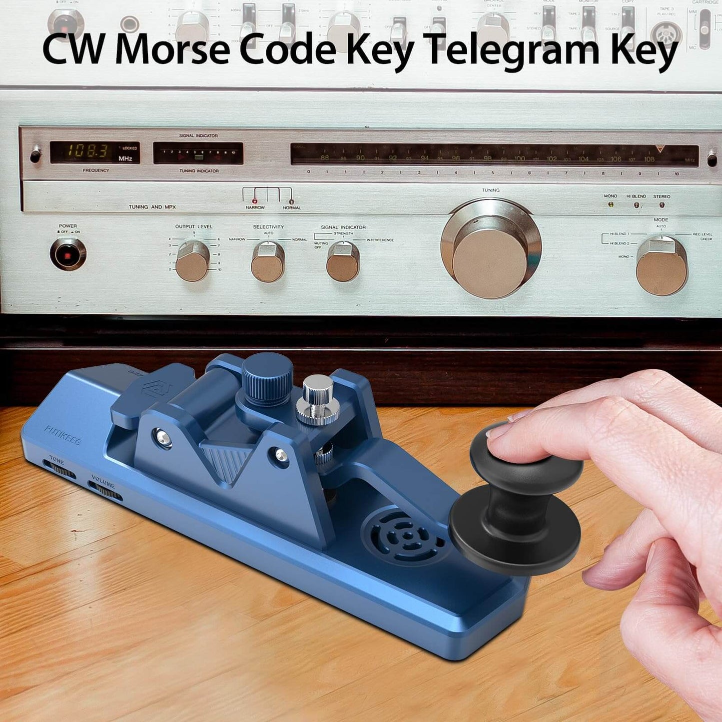 This is a blue CW Keyer Automatic Morse with speakers Benefit from an added speaker for sound exercises, while enjoying comfortable rebound feedback and stability with 4 silicone foot pads. Crafted from high-quality 6061T6 aluminum alloy for corrosion resistance, equipped with NMB Japan bearings and 304 stainless steel screws for durability.