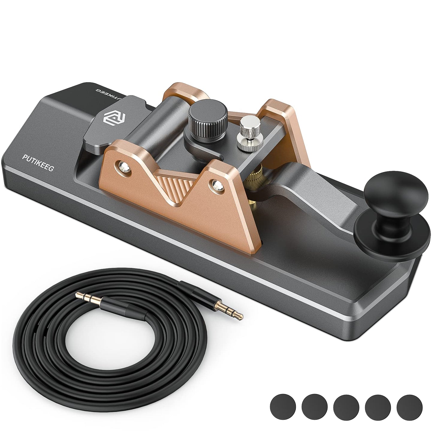 CW Keyer Automatic Morse Key-Straight, equipped with customizable feedback and an adjustable spindle rod. Built tough with silicone foot pads for stability, crafted from resilient 6061T6 aluminum alloy. Features NMB Japan bearings and 304 stainless steel screws for durability.