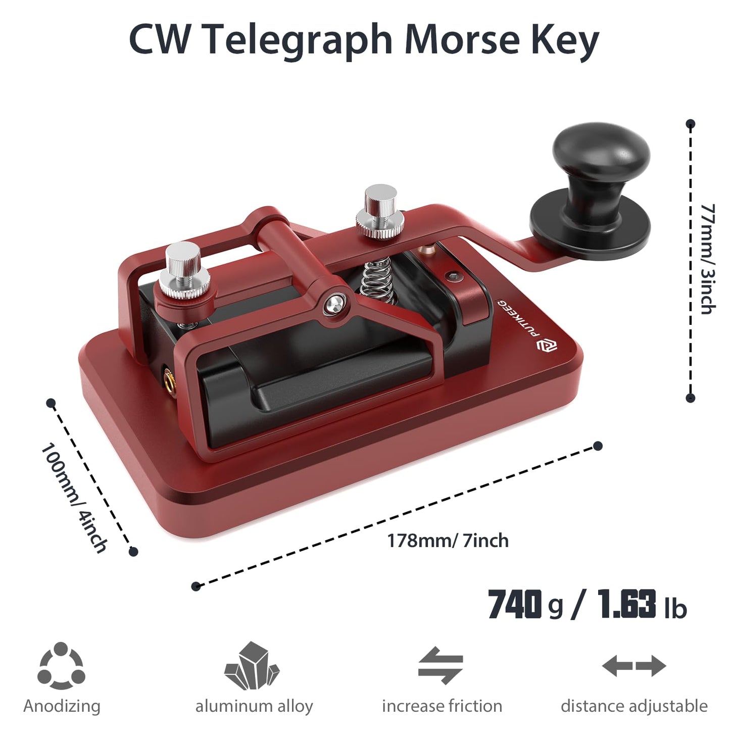 Solid straight key for Morse code enthusiasts, made from 6061T6 aluminum alloy with a corrosion-resistant surface. Features four magnets with silicone pads for stability, adjustable magnetic return, and contact gap. NMB Japan bearings and 304 stainless steel screws ensure durability. Adjustable Dit & DAH paddle distance. Ideal for ham radio, camping, and Morse code practice. Connects to most CW transceivers via data cable. Easy to attach and remove from trainers.