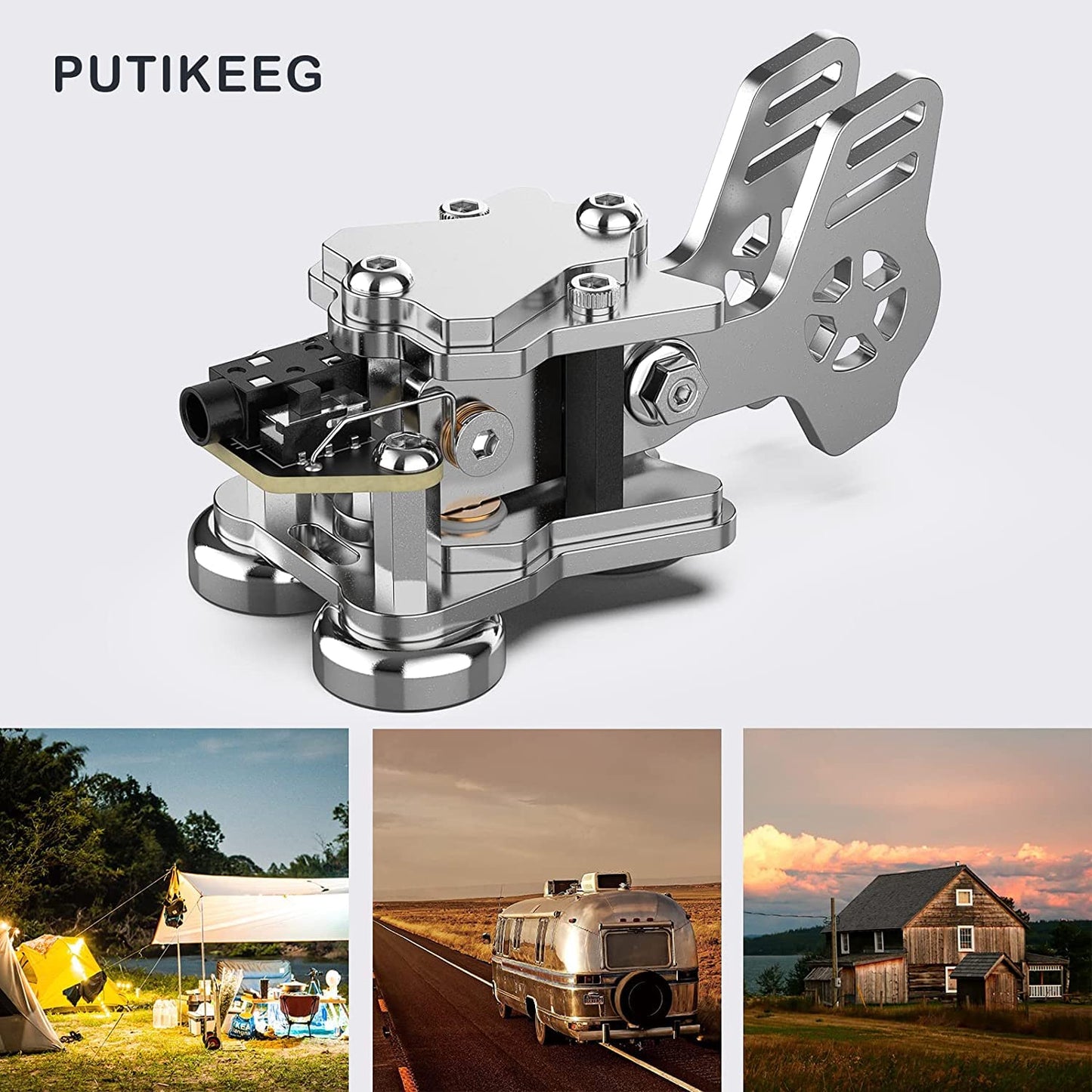 This is a silver-colored CW Keyer Double Paddle Morse Key Mini Versatile for radio enthusiasts, camping, or indoor use. The weight is 0.24 pounds (106 grams). Constructed from Aluminum alloy for durability and rust resistance. Features magnetic base for easy fixation on iron surfaces. Customize Dit & DAH paddle distance for personalized experience. Equipped with left and right switches for convenient operation. Includes 5.5mm wrench and 1.5mm hex key.