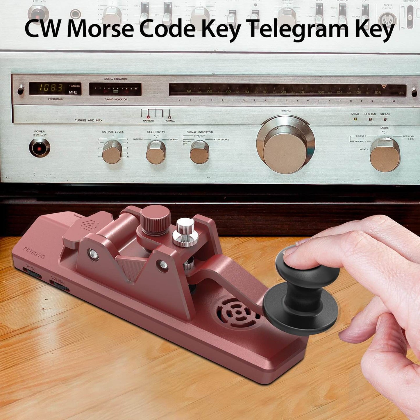 This is a red CW Keyer Automatic Morse with speakers Benefit from an added speaker for sound exercises, while enjoying comfortable rebound feedback and stability with 4 silicone foot pads. Crafted from high-quality 6061T6 aluminum alloy for corrosion resistance, equipped with NMB Japan bearings and 304 stainless steel screws for durability.