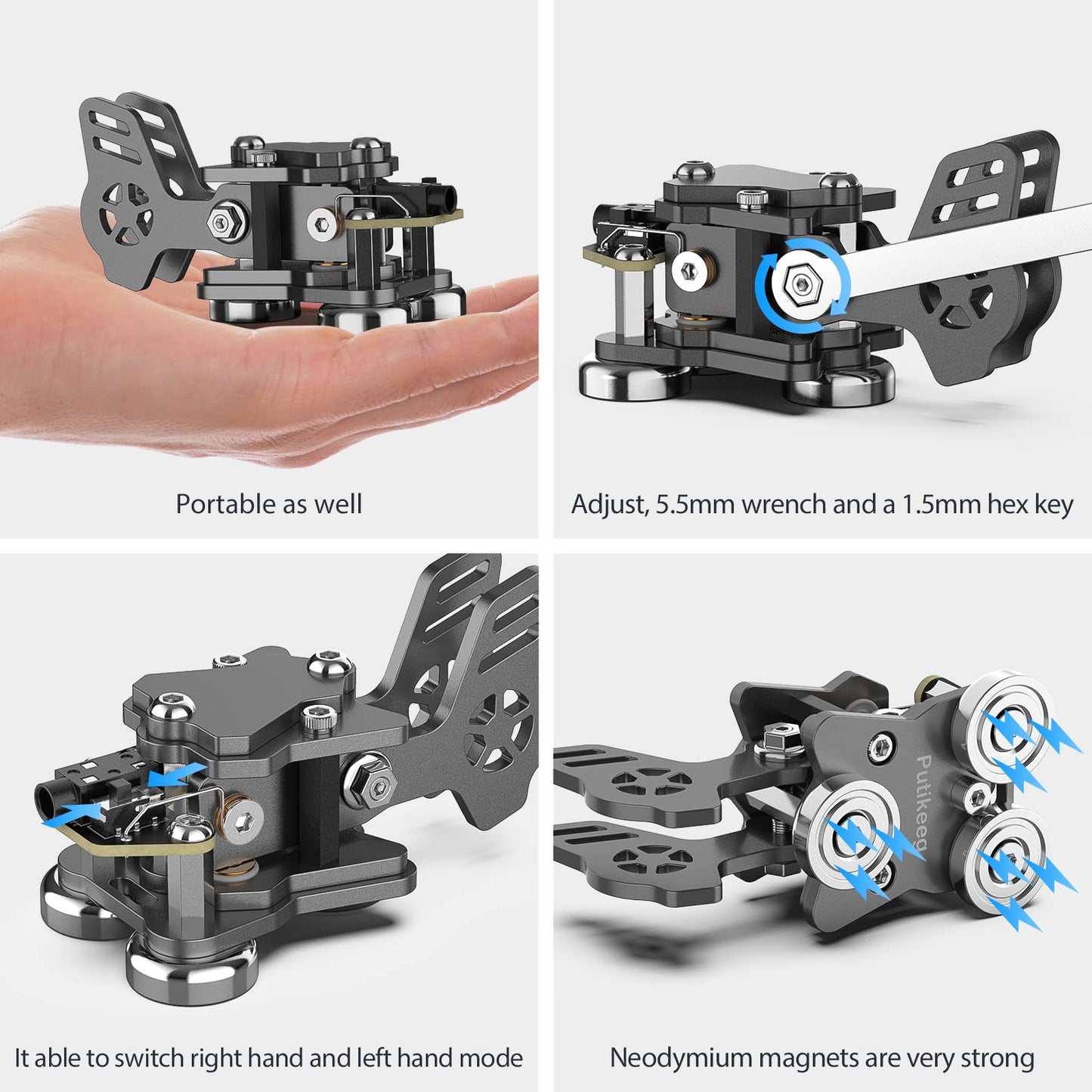 This is a grey CW Keyer Double Paddle Morse Key Mini Versatile for radio enthusiasts, camping, or indoor use. The weight is 0.24 pounds (106 grams). Constructed from Aluminum alloy for durability and rust resistance. Features magnetic base for easy fixation on iron surfaces. Customize Dit & DAH paddle distance for personalized experience. Equipped with left and right switches for convenient operation. Includes 5.5mm wrench and 1.5mm hex key.