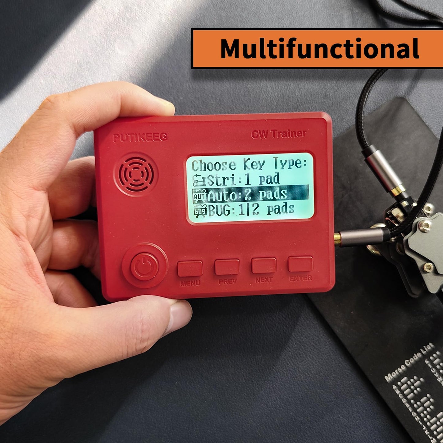 This red mini CW trainer with display has a built-in translation function that converts Morse code to text in real time, simplifying the learning process. Offers a variety of practice modes from basic to advanced to meet different stages of learning needs. Made of high quality materials to ensure durability and reliability. Equipped with an adjustable sound switch that allows you to turn the sound on or off as needed, making it easy to use in different environments.