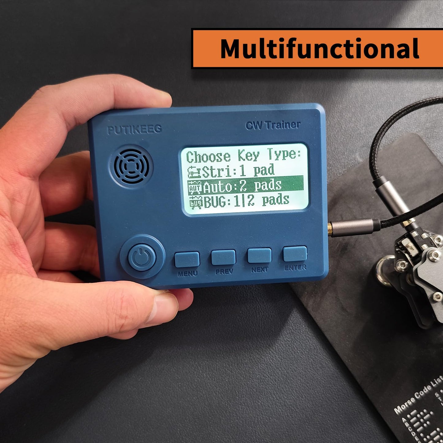 This blue mini CW trainer with display has a built-in translation function that converts Morse code to text in real time, simplifying the learning process. Offers a variety of practice modes from basic to advanced to meet different stages of learning needs. Made of high quality materials to ensure durability and reliability. Equipped with an adjustable sound switch that allows you to turn the sound on or off as needed, making it easy to use in different environments.