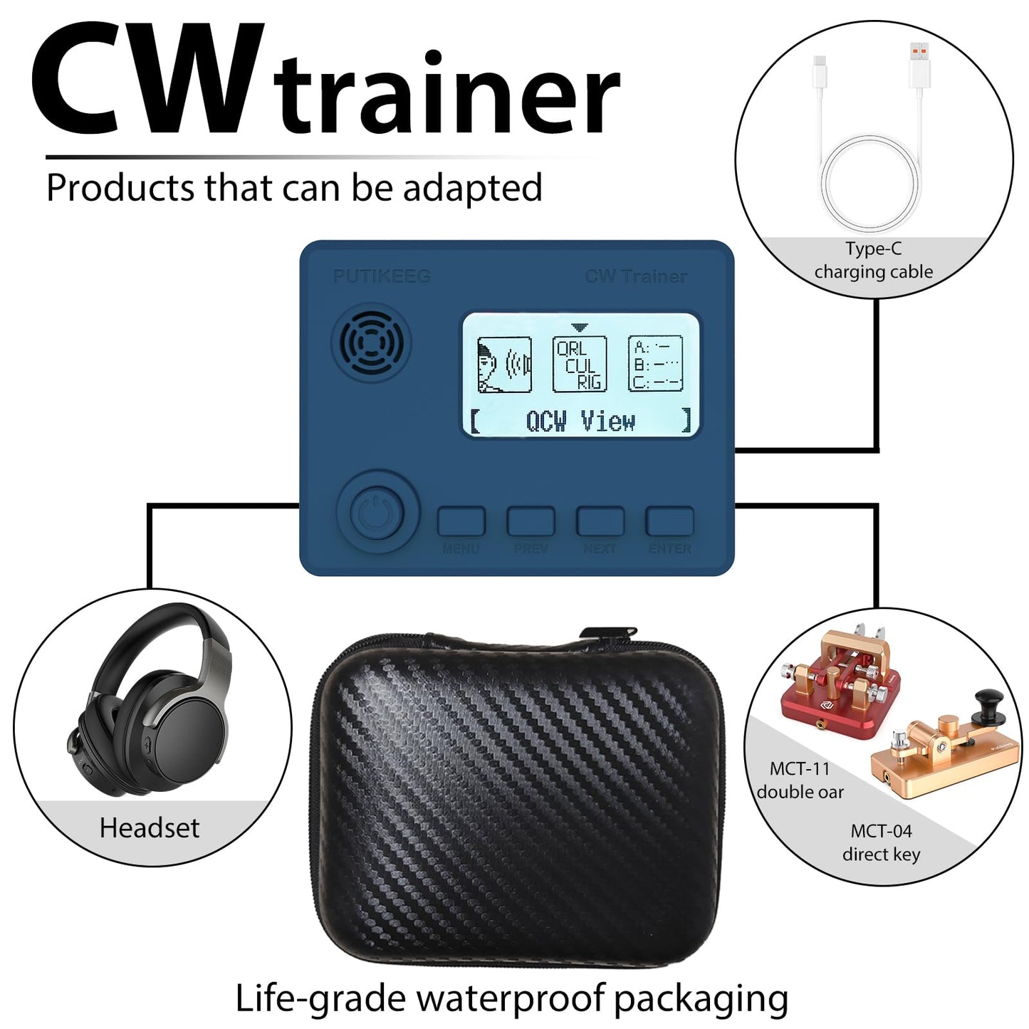 This blue mini CW trainer with display has a built-in translation function that converts Morse code to text in real time, simplifying the learning process. Offers a variety of practice modes from basic to advanced to meet different stages of learning needs. Made of high quality materials to ensure durability and reliability. Equipped with an adjustable sound switch that allows you to turn the sound on or off as needed, making it easy to use in different environments.