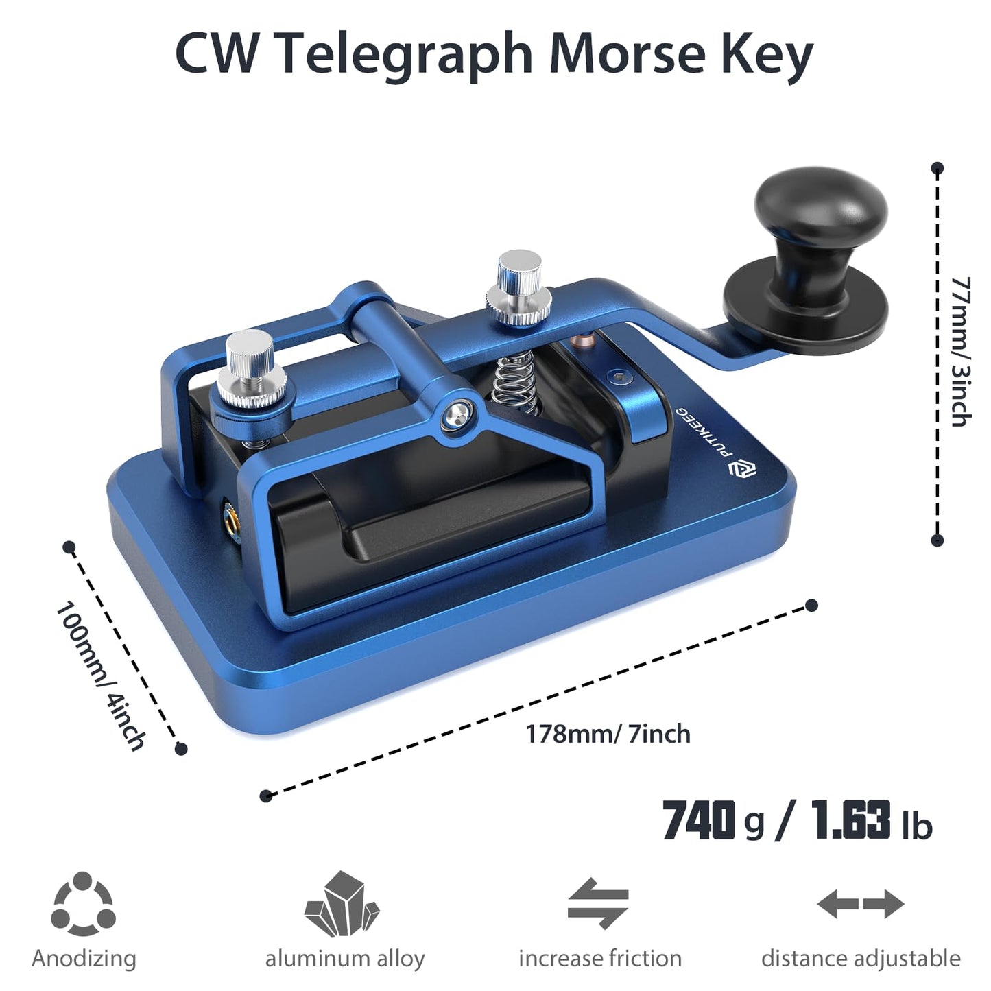 Solid straight key for Morse code enthusiasts, made from 6061T6 aluminum alloy with a corrosion-resistant surface. Features four magnets with silicone pads for stability, adjustable magnetic return, and contact gap. NMB Japan bearings and 304 stainless steel screws ensure durability. Adjustable Dit & DAH paddle distance. Ideal for ham radio, camping, and Morse code practice. Connects to most CW transceivers via data cable. Easy to attach and remove from trainers.
