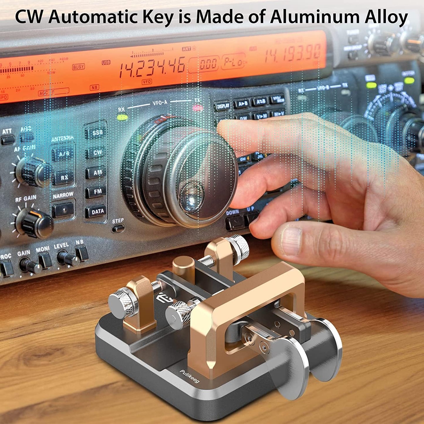 This is a gray CW Keyer Automatic Double Paddle Constructed from durable 6061T6 aluminum alloy, it features four professional-grade bearings and a magnetic return force for precise and comfortable operation. The compact design includes a base with four magnetic magnets for secure attachment to metal surfaces, ensuring stable operation even in outdoor settings. Adjustable paddle distance allows for customization, while a 3.5mm standard stereo jack enables compatibility with various short-wave radios