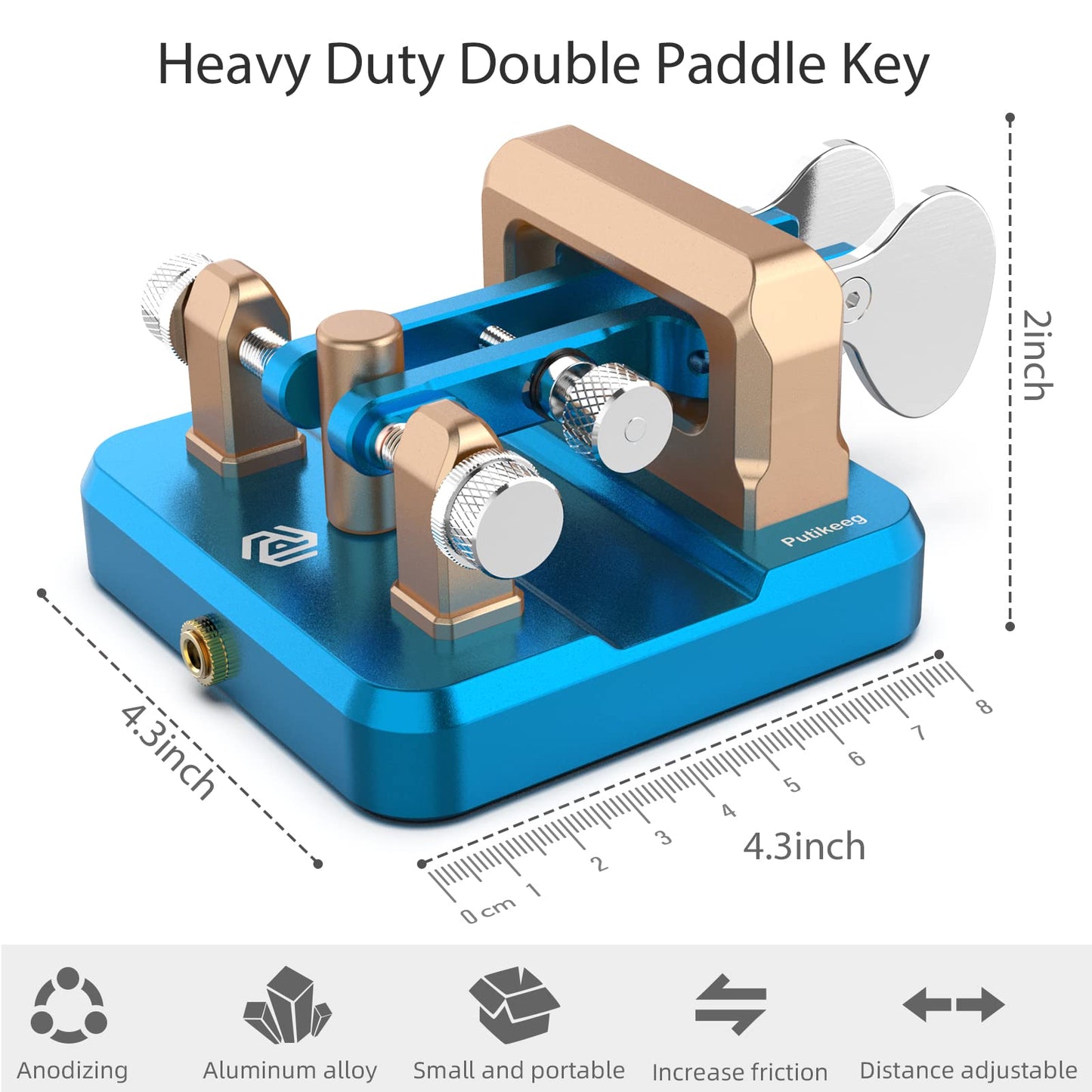 This is a blue CW Keyer Automatic Double Paddle Constructed from durable 6061T6 aluminum alloy, it features four professional-grade bearings and a magnetic return force for precise and comfortable operation. The compact design includes a base with four magnetic magnets for secure attachment to metal surfaces, ensuring stable operation even in outdoor settings. Adjustable paddle distance allows for customization, while a 3.5mm standard stereo jack enables compatibility with various short-wave radios