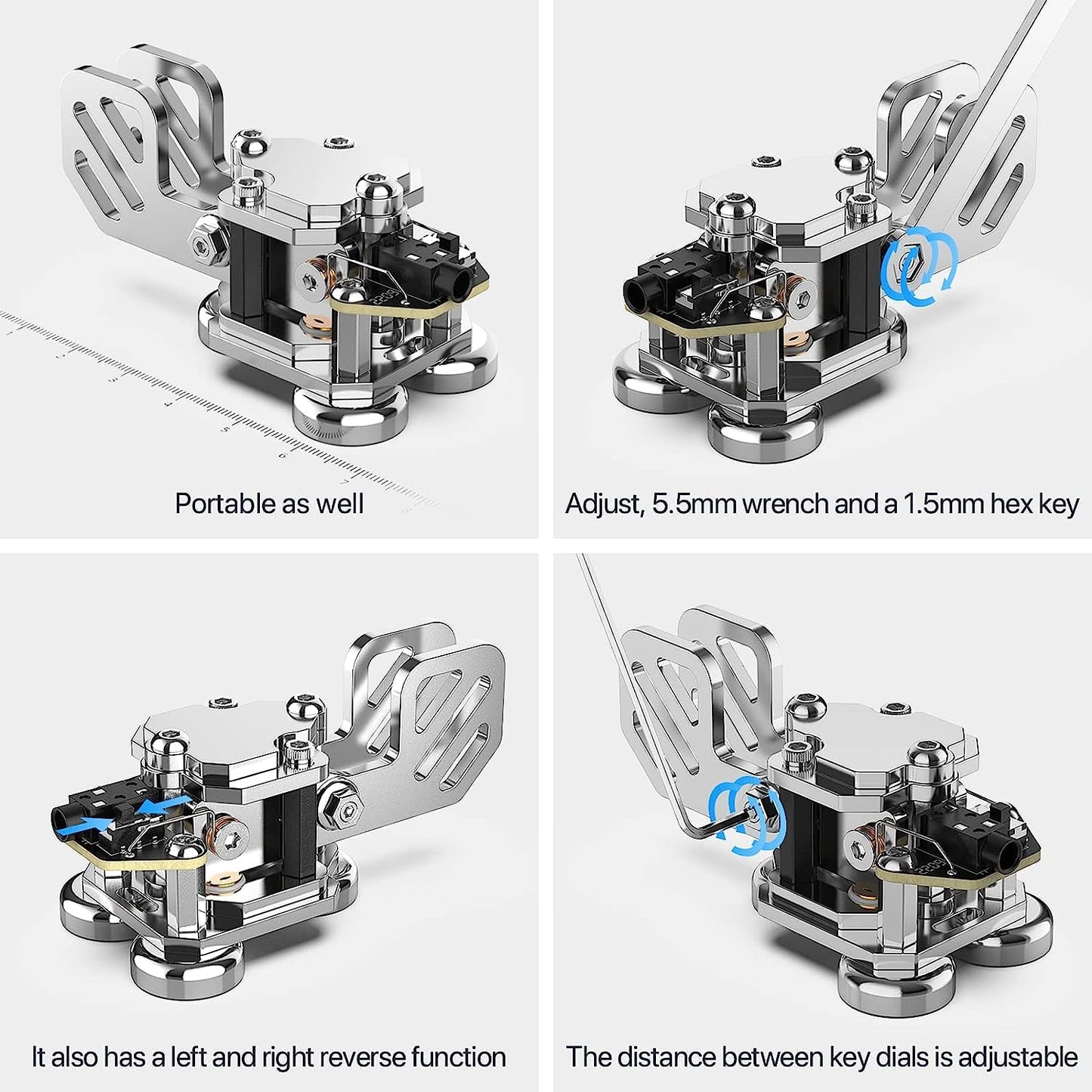 This is a silver-colored our CW Morse Keys Automatic Double Paddle Mini Crafted from stainless steel with magnetic paddle. Weighs 0.24LB (106g). Equipped with three neodymium magnets for secure attachment, perfect for outdoor use. Customize Dit & Dah Paddle Distance for personalized comfort. Features left and right-hand switches for versatile operation. Includes 3.5mm Standard Stereo Receptacle for easy hookup.