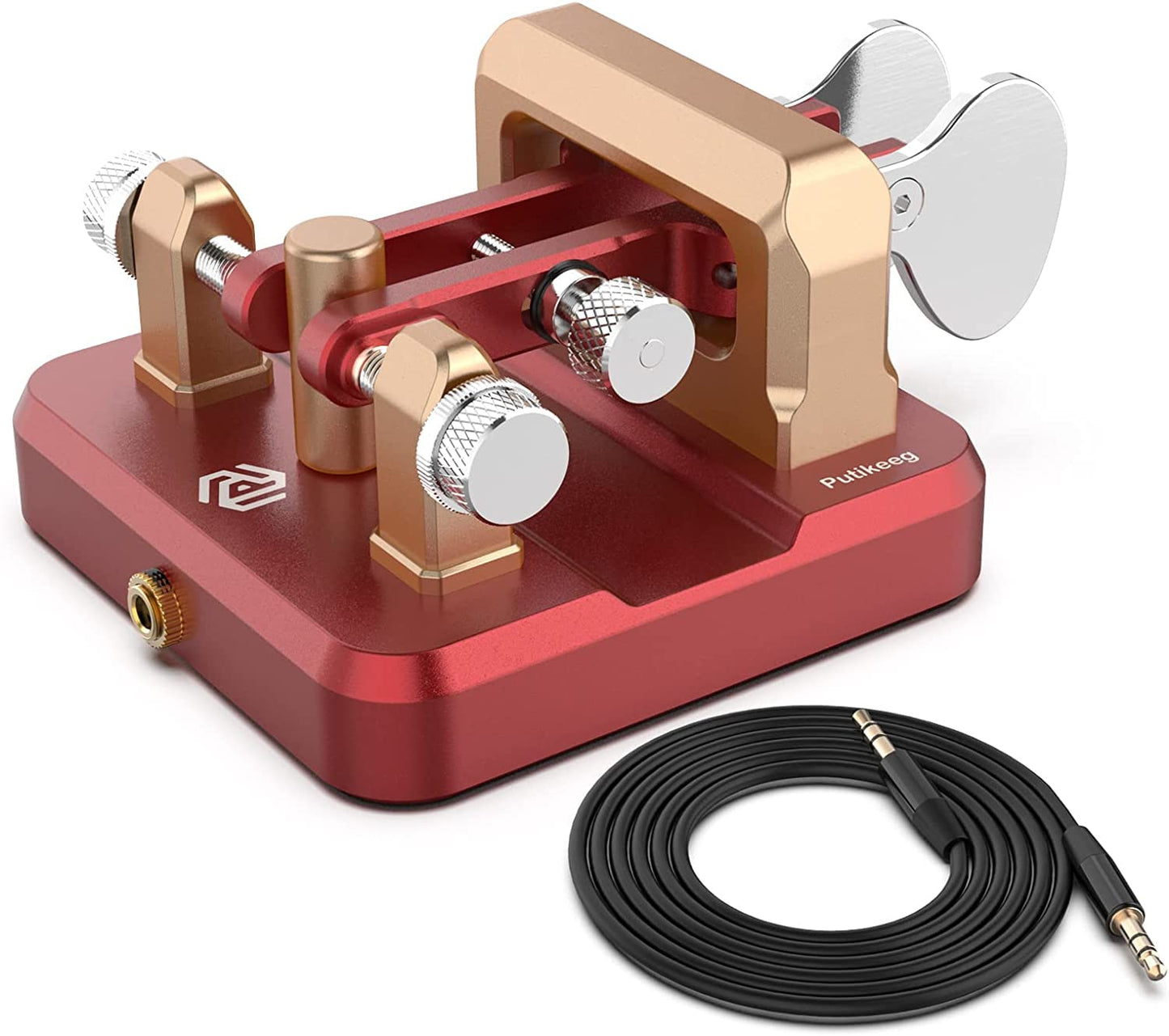 This is a red CW Keyer Automatic Double Paddle Constructed from durable 6061T6 aluminum alloy, it features four professional-grade bearings and a magnetic return force for precise and comfortable operation. The compact design includes a base with four magnetic magnets for secure attachment to metal surfaces, ensuring stable operation even in outdoor settings. Adjustable paddle distance allows for customization, while a 3.5mm standard stereo jack enables compatibility with various short-wave radios