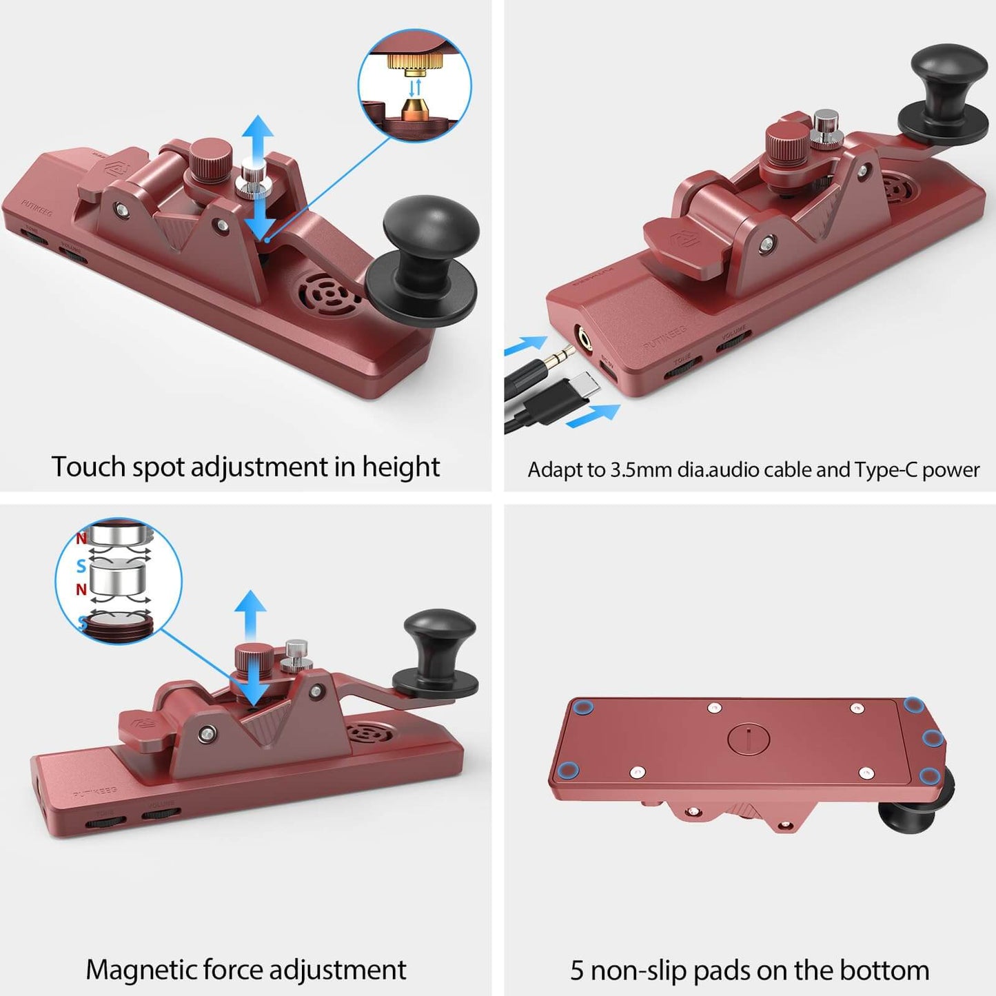This is a red CW Keyer Automatic Morse with speakers Benefit from an added speaker for sound exercises, while enjoying comfortable rebound feedback and stability with 4 silicone foot pads. Crafted from high-quality 6061T6 aluminum alloy for corrosion resistance, equipped with NMB Japan bearings and 304 stainless steel screws for durability.