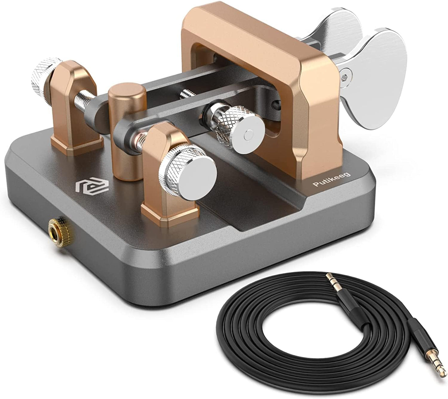 This is a gray CW Keyer Automatic Double Paddle Constructed from durable 6061T6 aluminum alloy, it features four professional-grade bearings and a magnetic return force for precise and comfortable operation. The compact design includes a base with four magnetic magnets for secure attachment to metal surfaces, ensuring stable operation even in outdoor settings. Adjustable paddle distance allows for customization, while a 3.5mm standard stereo jack enables compatibility with various short-wave radios