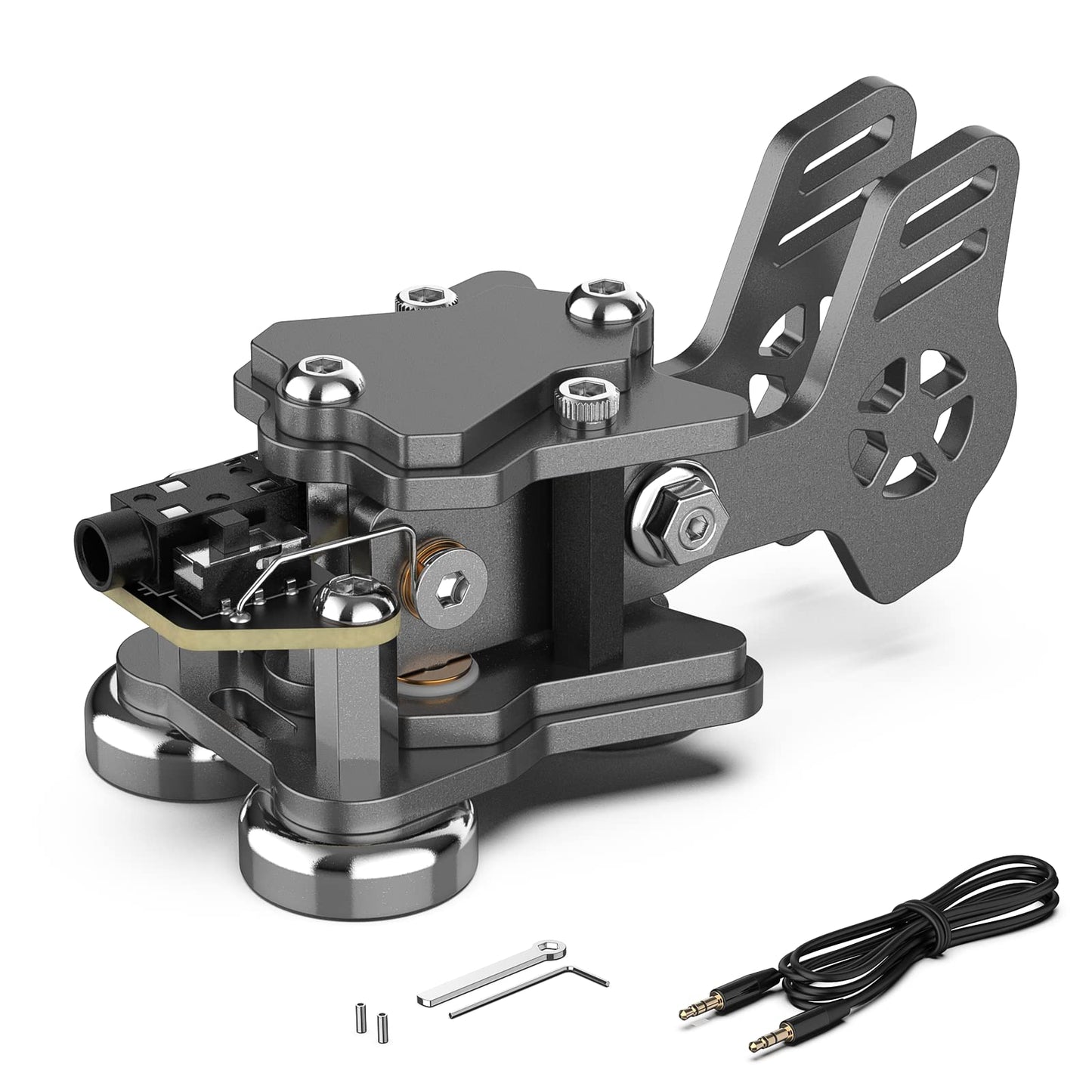 This is a grey CW Keyer Double Paddle Morse Key Mini Versatile for radio enthusiasts, camping, or indoor use. The weight is 0.24 pounds (106 grams). Constructed from Aluminum alloy for durability and rust resistance. Features magnetic base for easy fixation on iron surfaces. Customize Dit & DAH paddle distance for personalized experience. Equipped with left and right switches for convenient operation. Includes 5.5mm wrench and 1.5mm hex key.