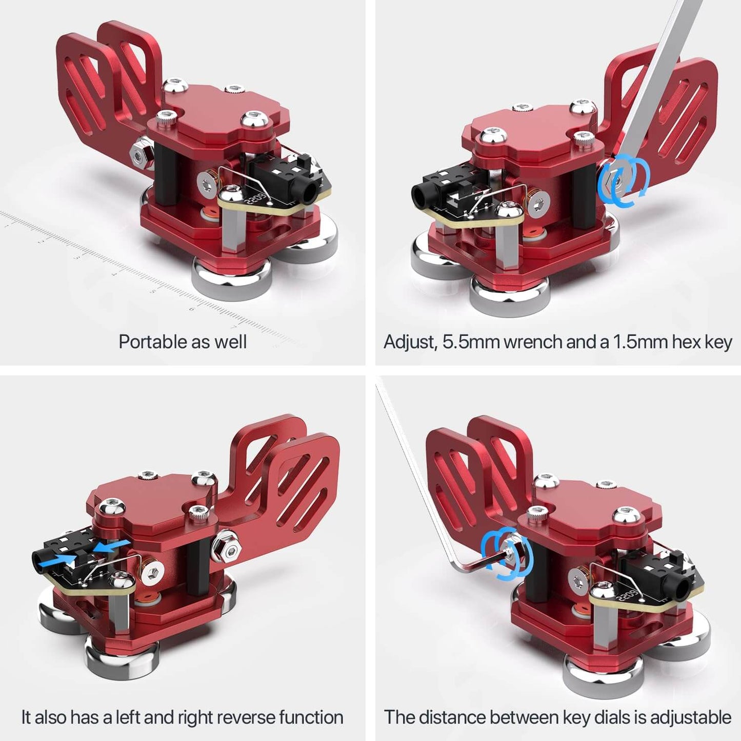 This is red one CW Keyer Automatic Morse Mini Crafted from aluminum, with magnetic paddle for comfortable use. Weighs 0.24LB (106g).perfect for outdoor use. Customize Dit & Dah Paddle Distance for personalized comfort. Features left and right-hand switches for versatile operation. Includes 3.5mm Standard Stereo Receptacle for easy hookup.