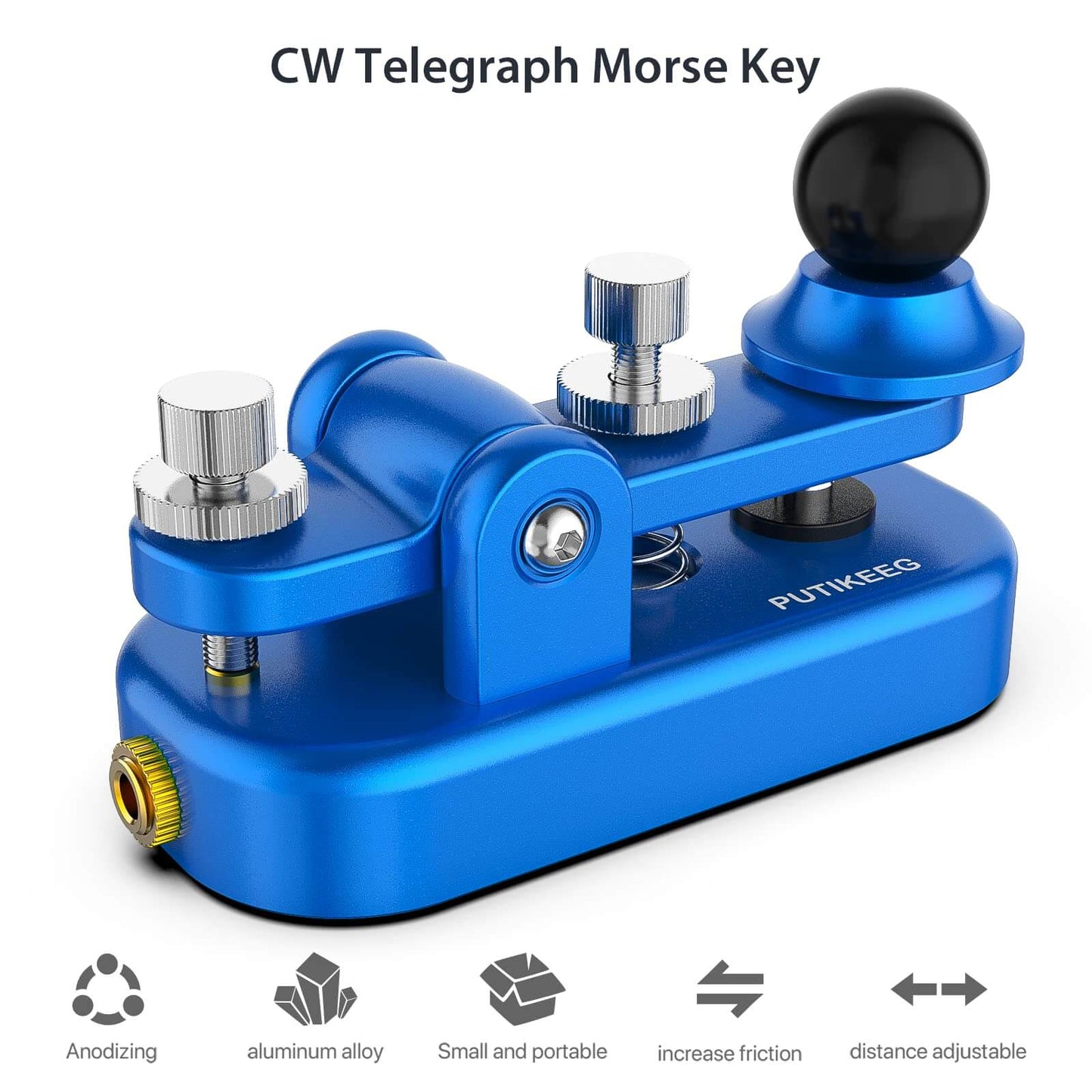The is blue CW Morse Straight Key Mini offers precise and comfortable Morse code operation. This Straight Key Morse features tool-free paddle adjustment, a powerful magnetic return, and stable silicone foot pads. Made from durable 6061T6 aluminum alloy with NMB Japan bearings and 304 stainless steel screws, it is lightweight and portable, perfect for any radio device.