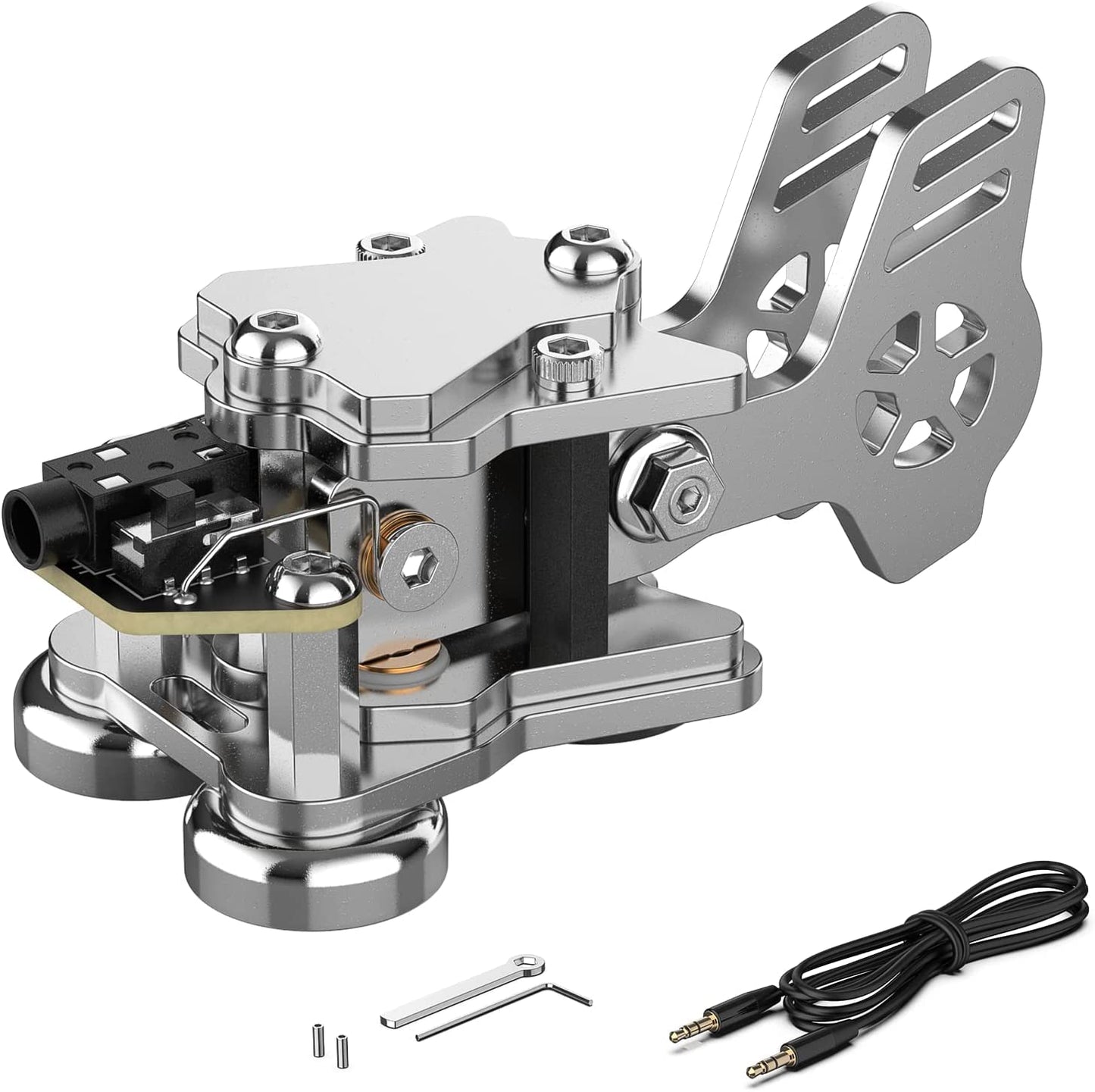 This is a silver-colored CW Keyer Double Paddle Morse Key Mini Versatile for radio enthusiasts, camping, or indoor use. The weight is 0.24 pounds (106 grams). Constructed from Aluminum alloy for durability and rust resistance. Features magnetic base for easy fixation on iron surfaces. Customize Dit & DAH paddle distance for personalized experience. Equipped with left and right switches for convenient operation. Includes 5.5mm wrench and 1.5mm hex key.