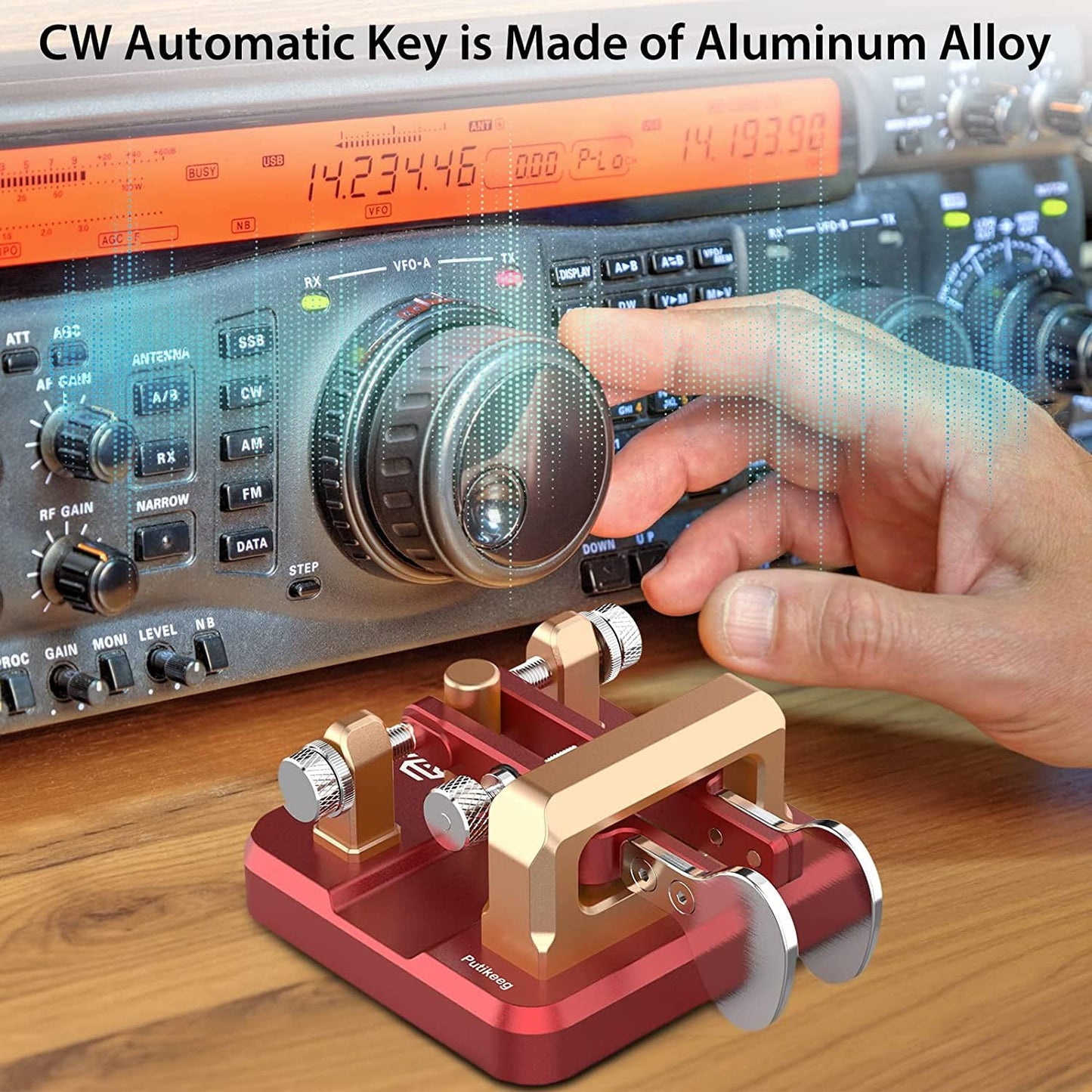 This is a red CW Keyer Automatic Double Paddle Constructed from durable 6061T6 aluminum alloy, it features four professional-grade bearings and a magnetic return force for precise and comfortable operation. The compact design includes a base with four magnetic magnets for secure attachment to metal surfaces, ensuring stable operation even in outdoor settings. Adjustable paddle distance allows for customization, while a 3.5mm standard stereo jack enables compatibility with various short-wave radios