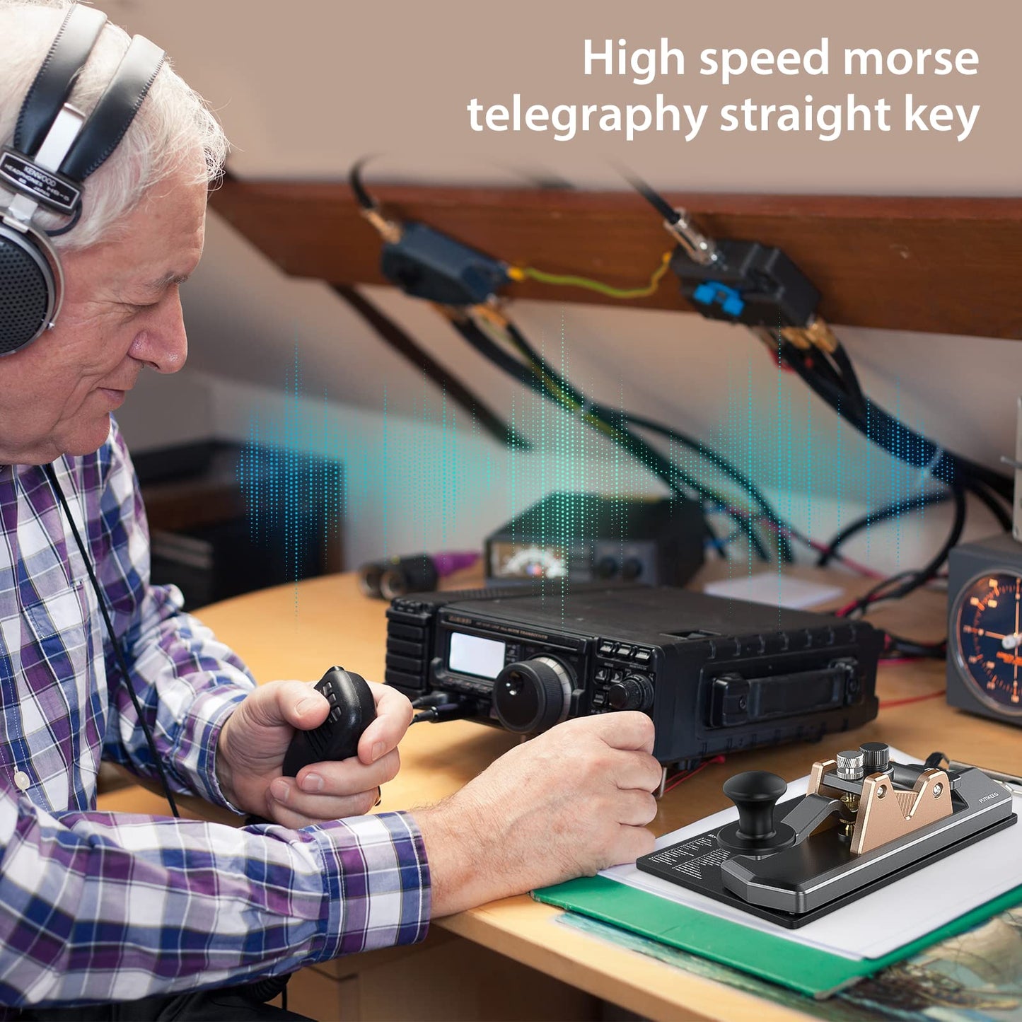 CW Keyer Automatic Morse Key-Straight, equipped with customizable feedback and an adjustable spindle rod. Built tough with silicone foot pads for stability, crafted from resilient 6061T6 aluminum alloy. Features NMB Japan bearings and 304 stainless steel screws for durability.