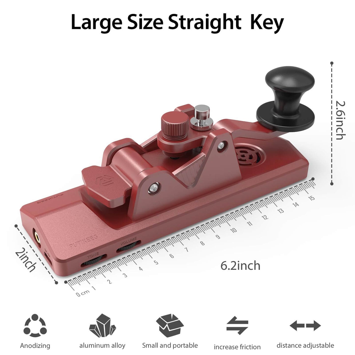 This is a red CW Keyer Automatic Morse with speakers Benefit from an added speaker for sound exercises, while enjoying comfortable rebound feedback and stability with 4 silicone foot pads. Crafted from high-quality 6061T6 aluminum alloy for corrosion resistance, equipped with NMB Japan bearings and 304 stainless steel screws for durability.