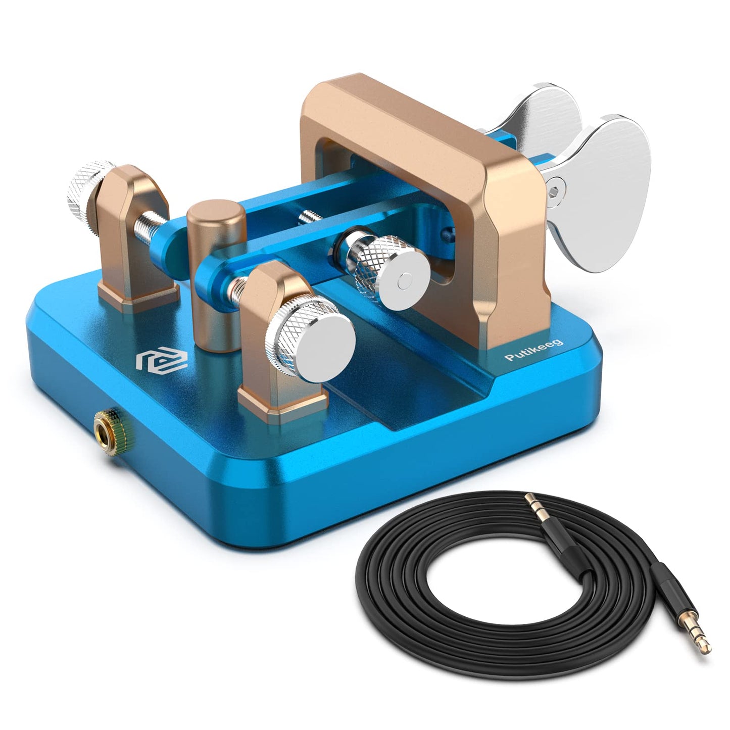 This is a blue CW Keyer Automatic Double Paddle Constructed from durable 6061T6 aluminum alloy, it features four professional-grade bearings and a magnetic return force for precise and comfortable operation. The compact design includes a base with four magnetic magnets for secure attachment to metal surfaces, ensuring stable operation even in outdoor settings. Adjustable paddle distance allows for customization, while a 3.5mm standard stereo jack enables compatibility with various short-wave radios