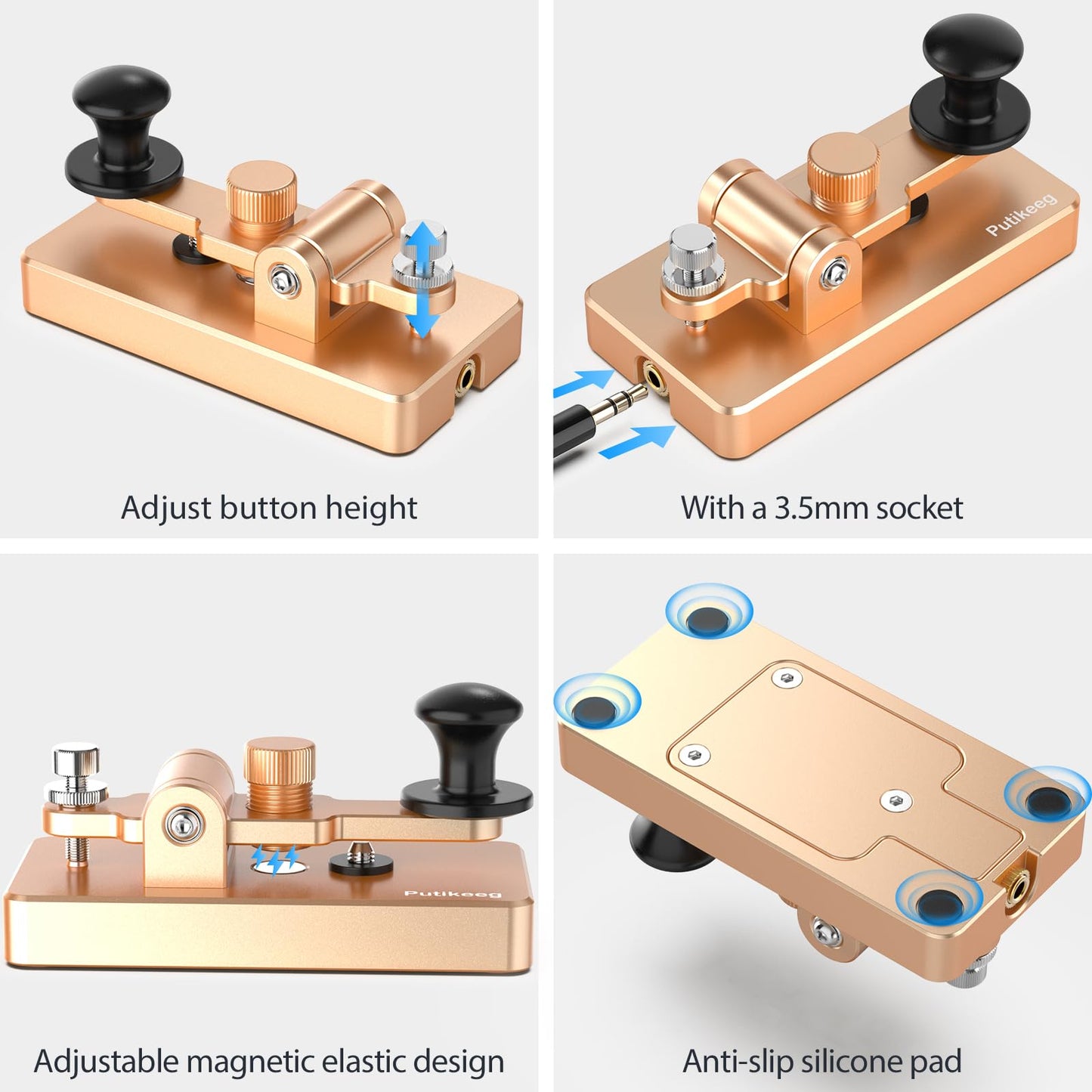 This is the a gold Straight Key Morse ;Powerful magnetic return force with dual magnetic circuit. Made of high-quality 6061T6 aluminum alloy for corrosion resistance. Features NMB Japan imported bearings and stainless steel screws.
