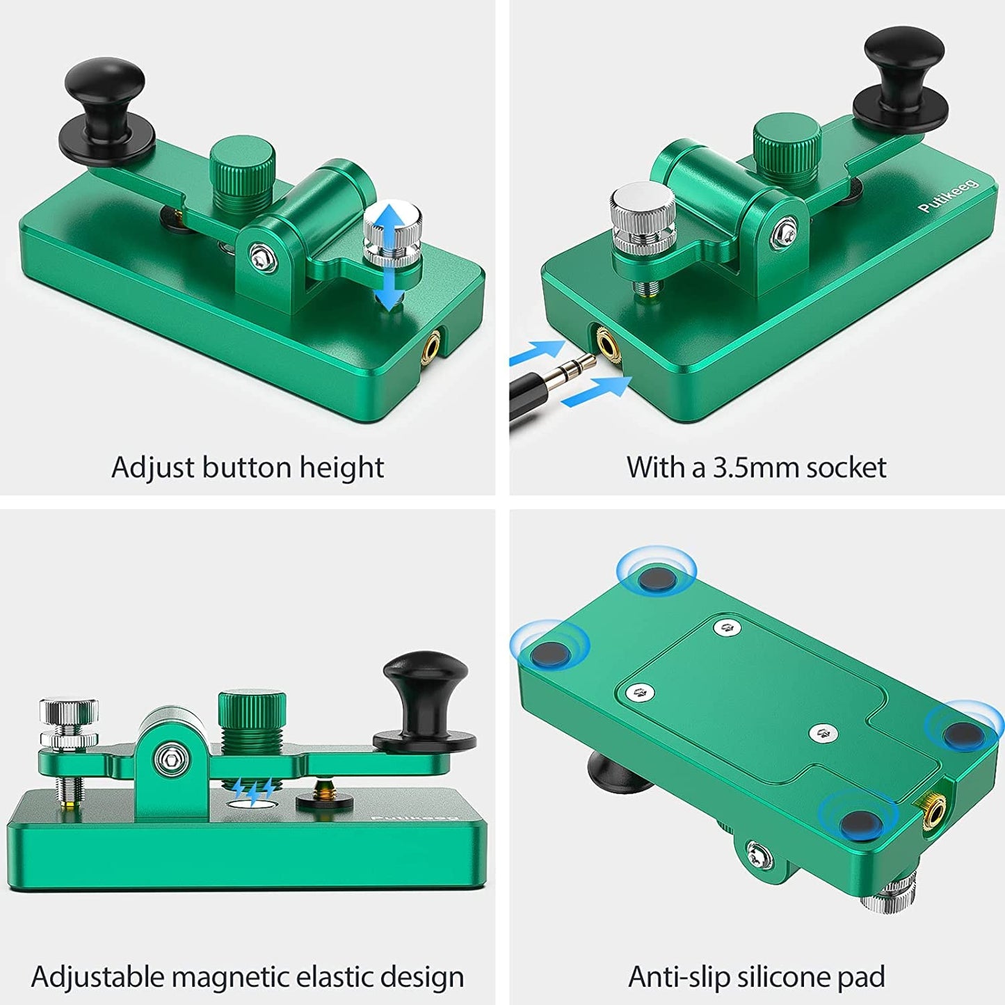 This is the a green Straight Key Morse ;Powerful magnetic return force with dual magnetic circuit. Made of high-quality 6061T6 aluminum alloy for corrosion resistance. Features NMB Japan imported bearings and stainless steel screws.