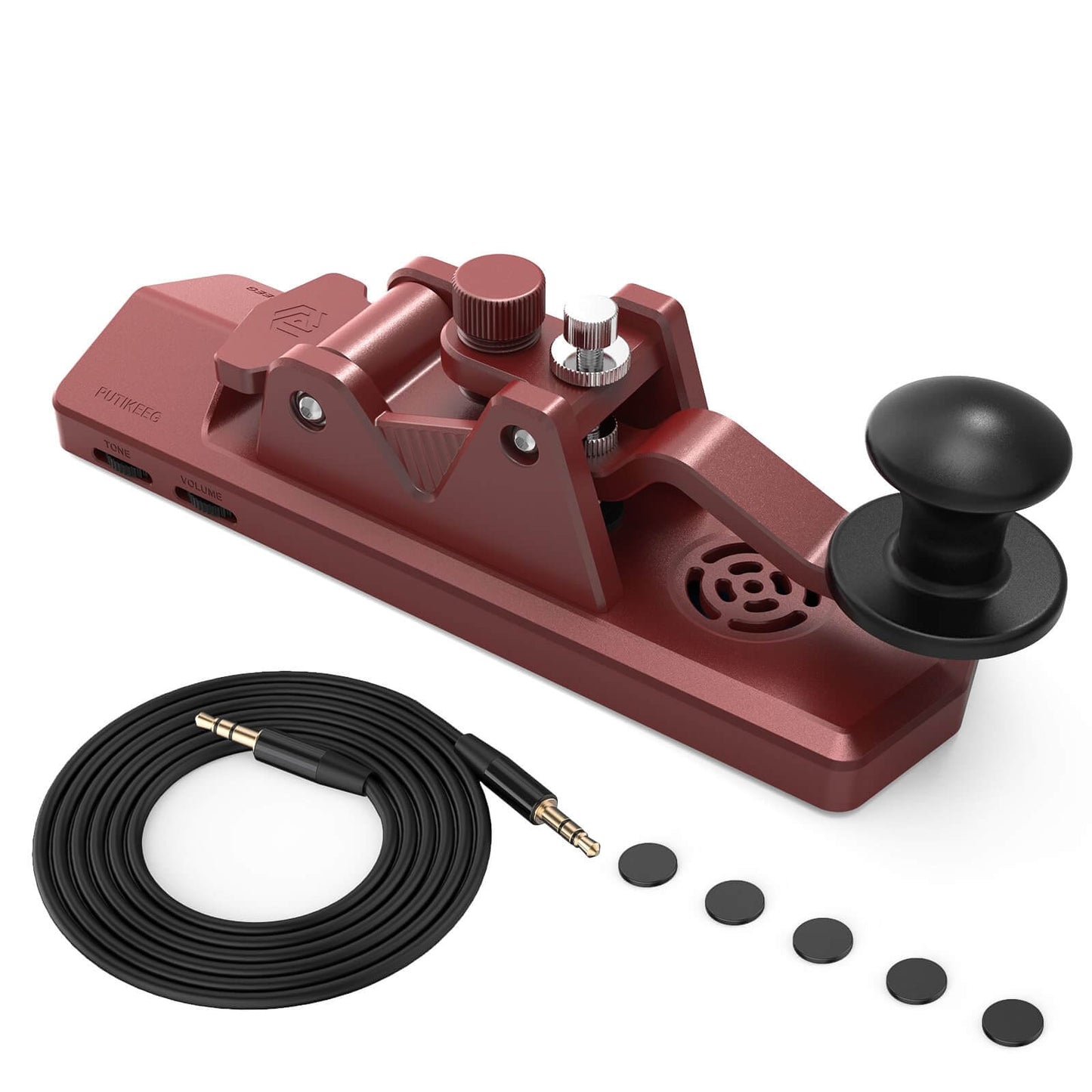 This is a red CW Keyer Automatic Morse with speakers Benefit from an added speaker for sound exercises, while enjoying comfortable rebound feedback and stability with 4 silicone foot pads. Crafted from high-quality 6061T6 aluminum alloy for corrosion resistance, equipped with NMB Japan bearings and 304 stainless steel screws for durability.