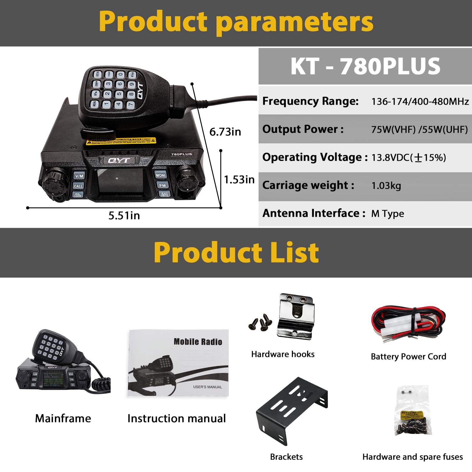 UV Dual Band Car Radio with Carplay, 136-174/400-480MHz 13.8V Experience high quality, long range communication and superior band performance. With advanced dual-band technology and 20 watts of power, you can easily tune to two different frequencies and transmit simultaneously. Enjoy clear, reliable communications in any situation, from your daily commute to your next road trip.