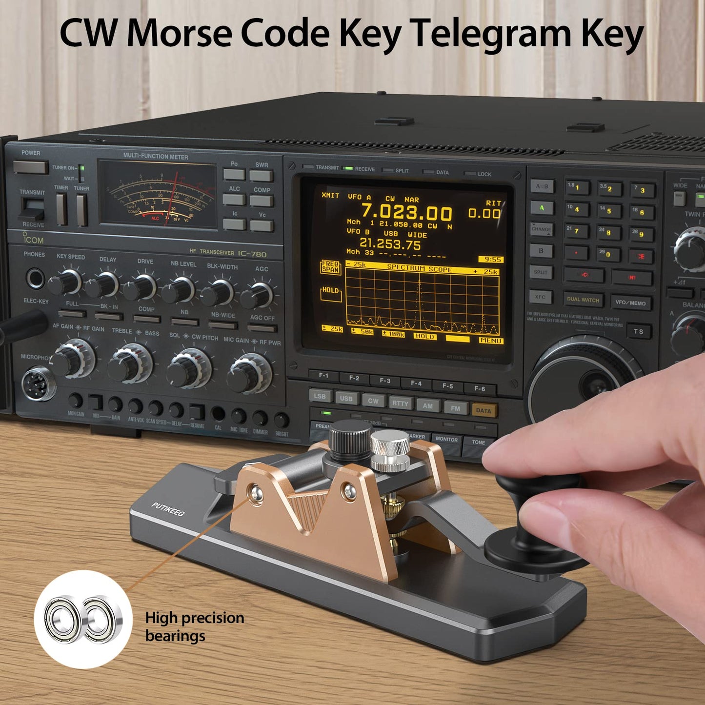 CW Keyer Automatic Morse Key-Straight, equipped with customizable feedback and an adjustable spindle rod. Built tough with silicone foot pads for stability, crafted from resilient 6061T6 aluminum alloy. Features NMB Japan bearings and 304 stainless steel screws for durability.