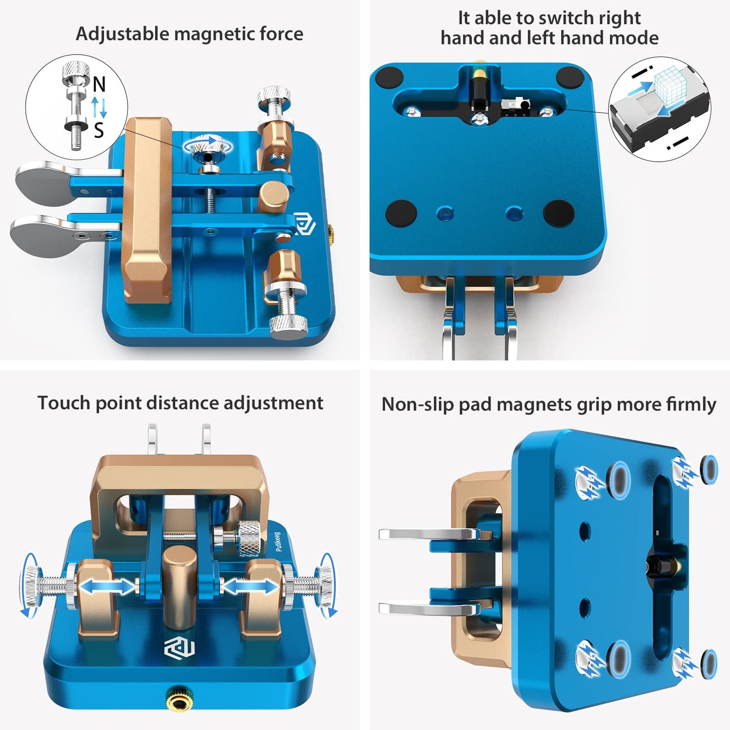 This is a blue CW Keyer Automatic Double Paddle Constructed from durable 6061T6 aluminum alloy, it features four professional-grade bearings and a magnetic return force for precise and comfortable operation. The compact design includes a base with four magnetic magnets for secure attachment to metal surfaces, ensuring stable operation even in outdoor settings. Adjustable paddle distance allows for customization, while a 3.5mm standard stereo jack enables compatibility with various short-wave radios