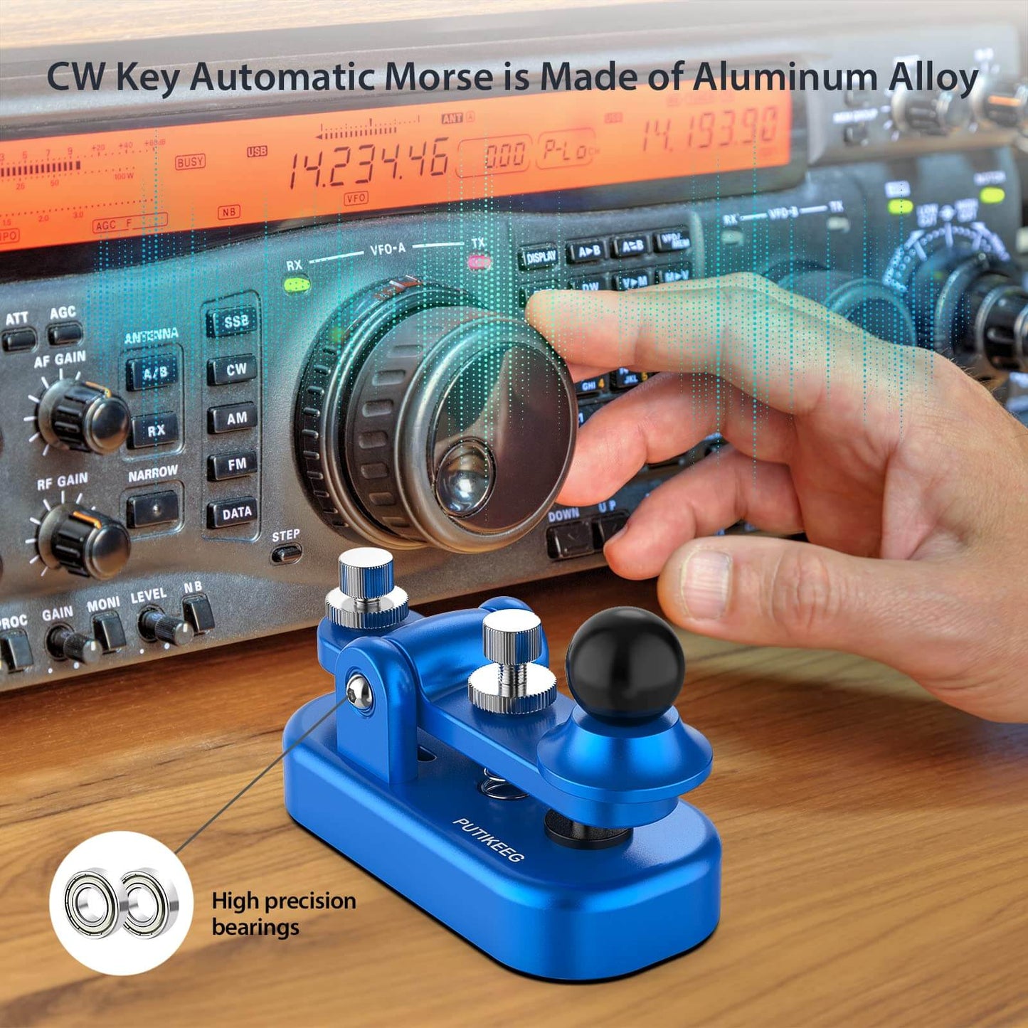 The is blue CW Morse Straight Key Mini offers precise and comfortable Morse code operation. This Straight Key Morse features tool-free paddle adjustment, a powerful magnetic return, and stable silicone foot pads. Made from durable 6061T6 aluminum alloy with NMB Japan bearings and 304 stainless steel screws, it is lightweight and portable, perfect for any radio device.