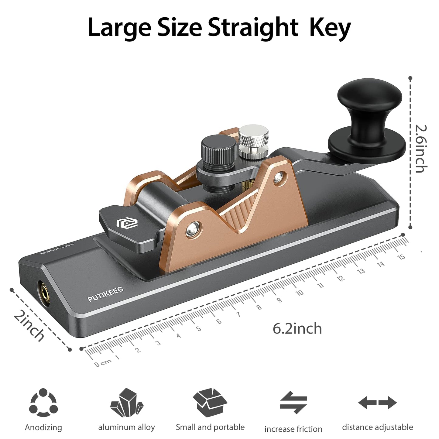 CW Keyer Automatic Morse Key-Straight, equipped with customizable feedback and an adjustable spindle rod. Built tough with silicone foot pads for stability, crafted from resilient 6061T6 aluminum alloy. Features NMB Japan bearings and 304 stainless steel screws for durability.