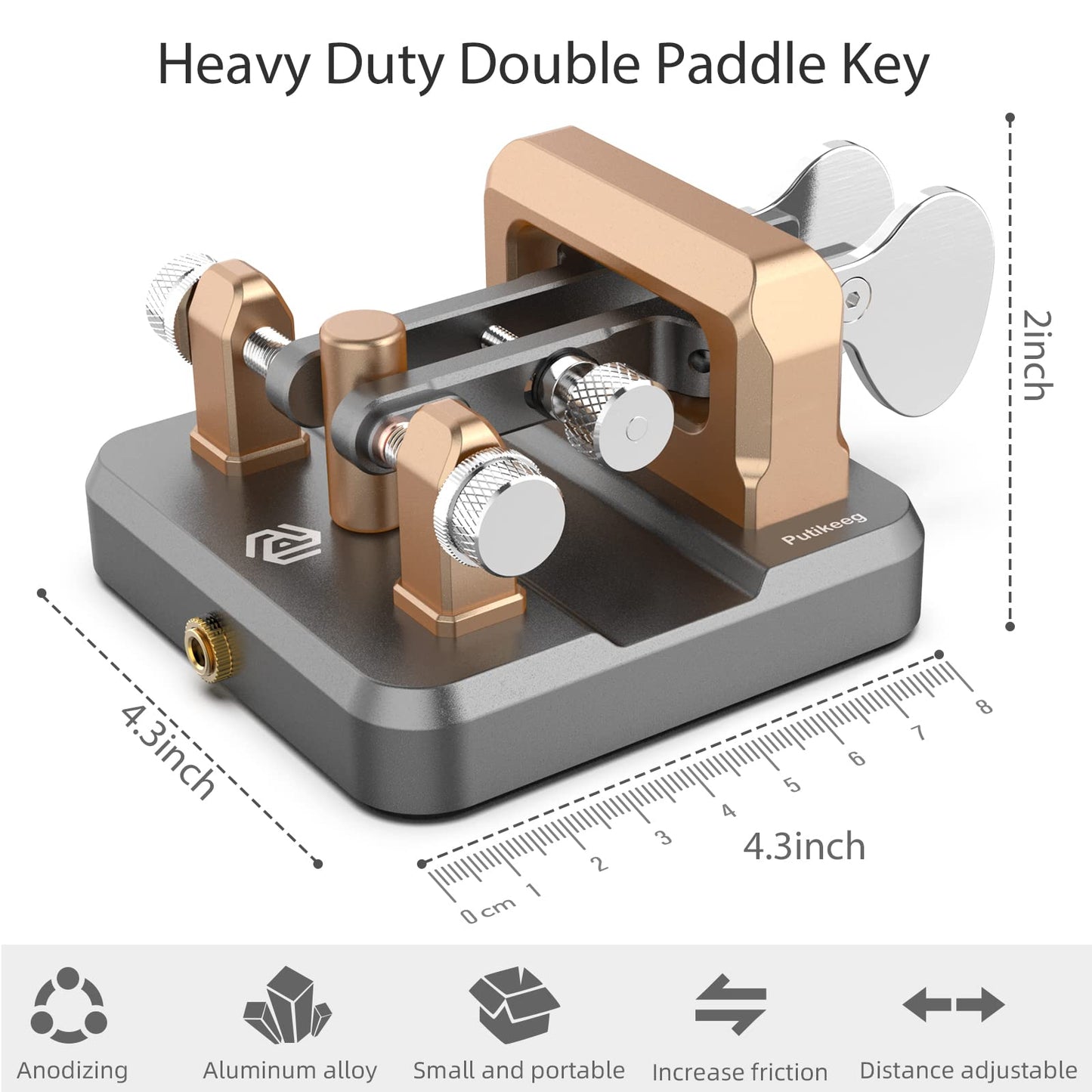 This is a gray CW Keyer Automatic Double Paddle Constructed from durable 6061T6 aluminum alloy, it features four professional-grade bearings and a magnetic return force for precise and comfortable operation. The compact design includes a base with four magnetic magnets for secure attachment to metal surfaces, ensuring stable operation even in outdoor settings. Adjustable paddle distance allows for customization, while a 3.5mm standard stereo jack enables compatibility with various short-wave radios