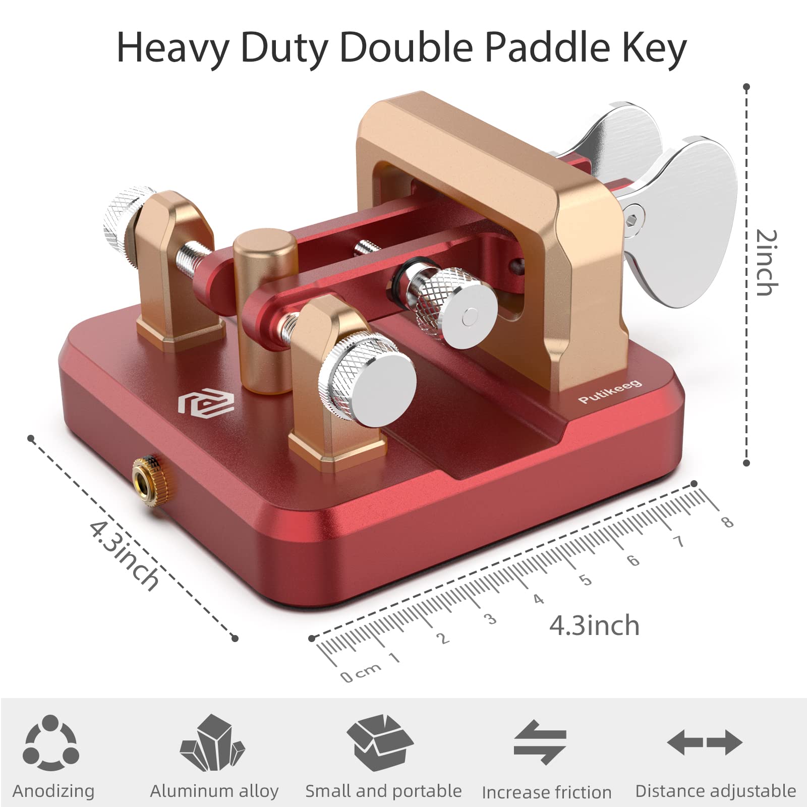 This is a red CW Keyer Automatic Double Paddle Constructed from durable 6061T6 aluminum alloy, it features four professional-grade bearings and a magnetic return force for precise and comfortable operation. The compact design includes a base with four magnetic magnets for secure attachment to metal surfaces, ensuring stable operation even in outdoor settings. Adjustable paddle distance allows for customization, while a 3.5mm standard stereo jack enables compatibility with various short-wave radios