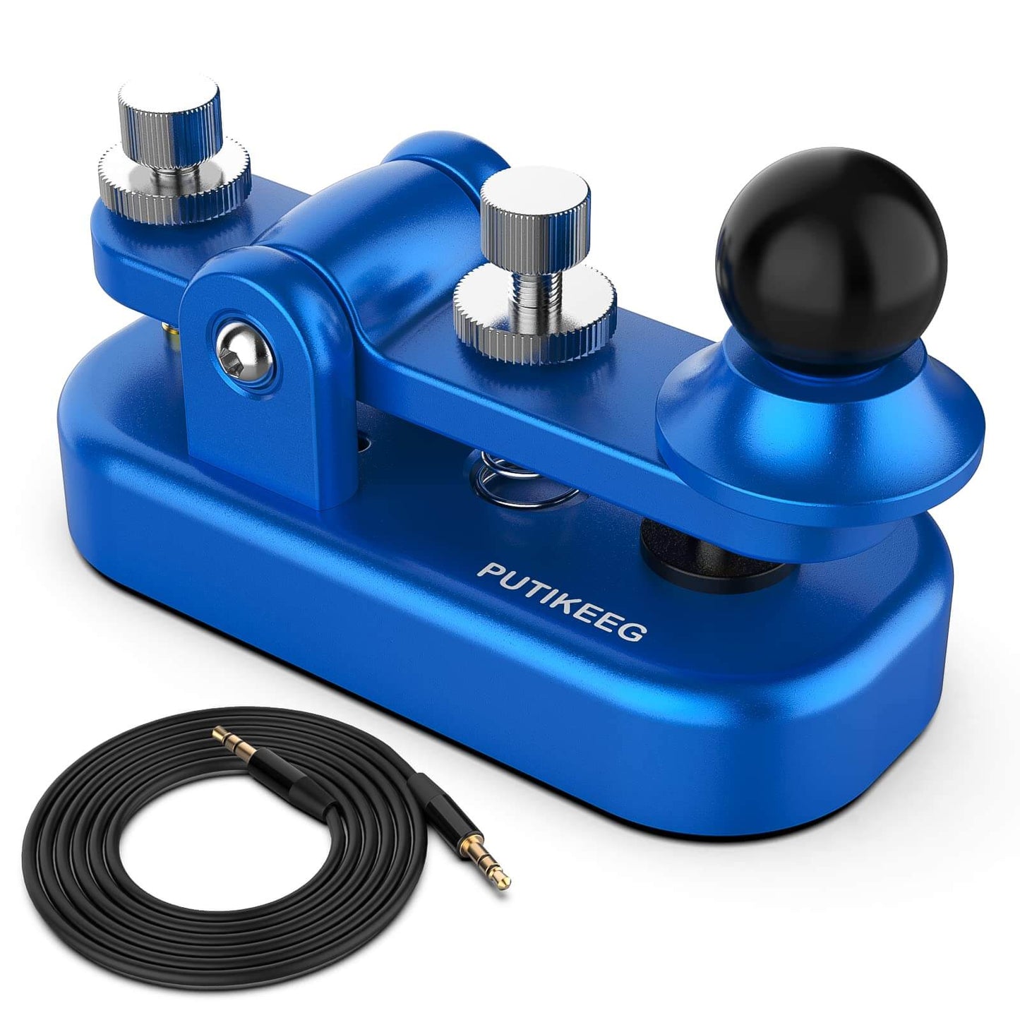 The is blue CW Morse Straight Key Mini offers precise and comfortable Morse code operation. This Straight Key Morse features tool-free paddle adjustment, a powerful magnetic return, and stable silicone foot pads. Made from durable 6061T6 aluminum alloy with NMB Japan bearings and 304 stainless steel screws, it is lightweight and portable, perfect for any radio device.