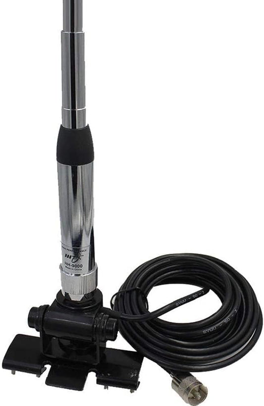 HH-9000 Base Mobile Radio Dual Band Vehicle Antenna: Stainless steel whip with low VSWR, ideal for YAESU, TYT, and QYT models. Includes clip, 15m cable, and base for easy setup.