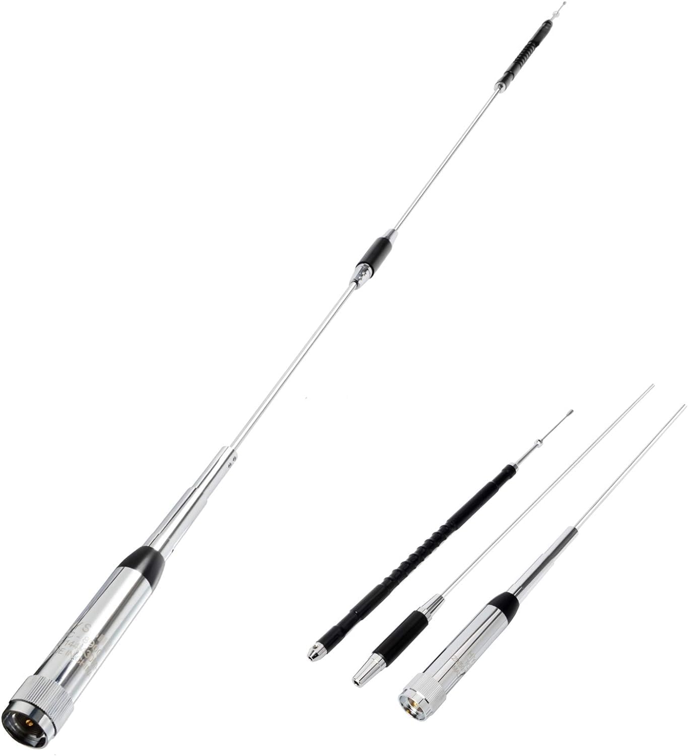 HH-9000 Base Mobile Radio Dual Band Vehicle Antenna: Stainless steel whip with low VSWR, ideal for YAESU, TYT, and QYT models. Includes clip, 15m cable, and base for easy setup.